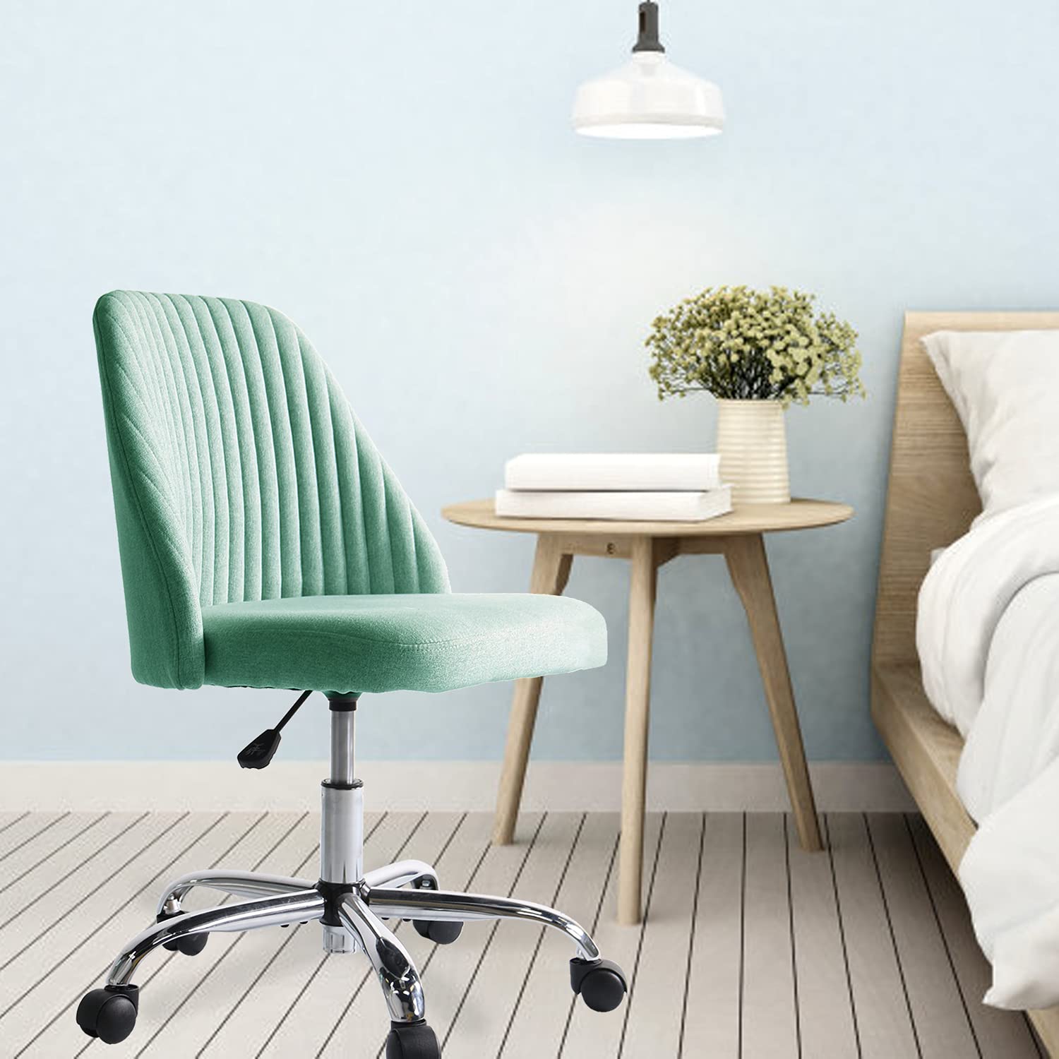 Ergonomic Home Office Desk Chair - Adjustable Low Back Rolling Chair with Wheels, Modern Twill Upholstered Vanity Chair for Bedroom, Classroom & Dressing Room (Green) - Perfect for Remote Work, Online Classes & Makeup Stations