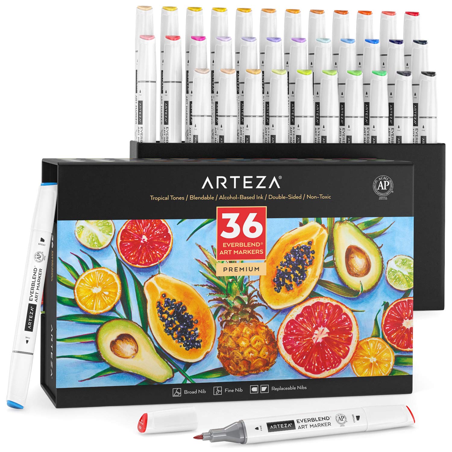 ARTEZA 36 Colors Alcohol Art Markers Set - Dual Tip Sketch Pens with Tropical Tones, Everblend Ink, Includes Organizer Box - Perfect for Adult Coloring Books, Illustration, Manga Art & Calligraphy