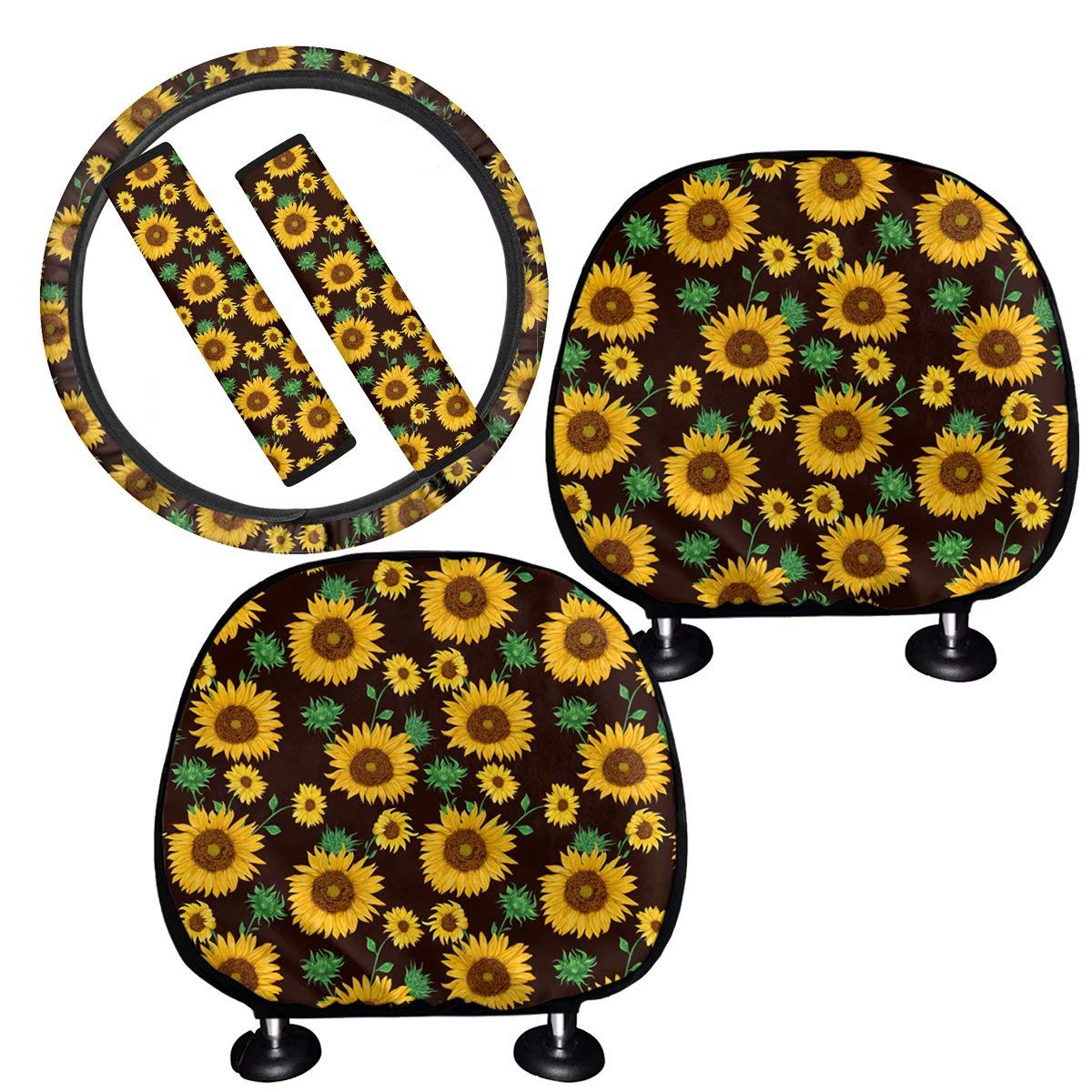 Tupalatus 5-Piece Sunflower Car Seat Protector Set - Headrest Cover, Steering Wheel Cover & Seat Belt Shoulder Pads | Universal Fit for All Vehicles | All-Weather Comfort for Road Trips & Daily Commute
