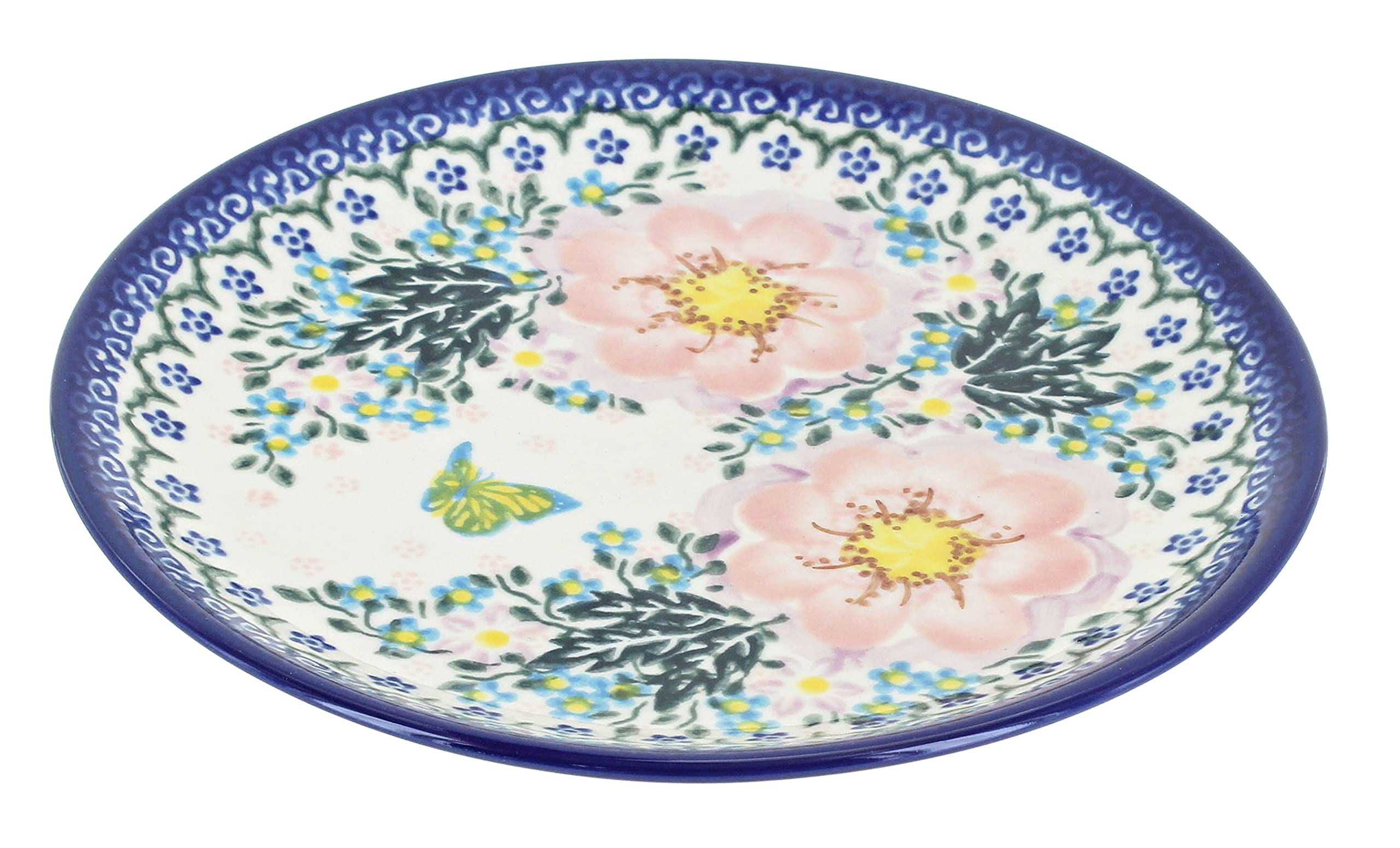 Hand-Painted Blue Rose Polish Pottery Apple Blossom Dessert Plate - Elegant Floral Design for Afternoon Tea, Wedding Favors & Home Decor