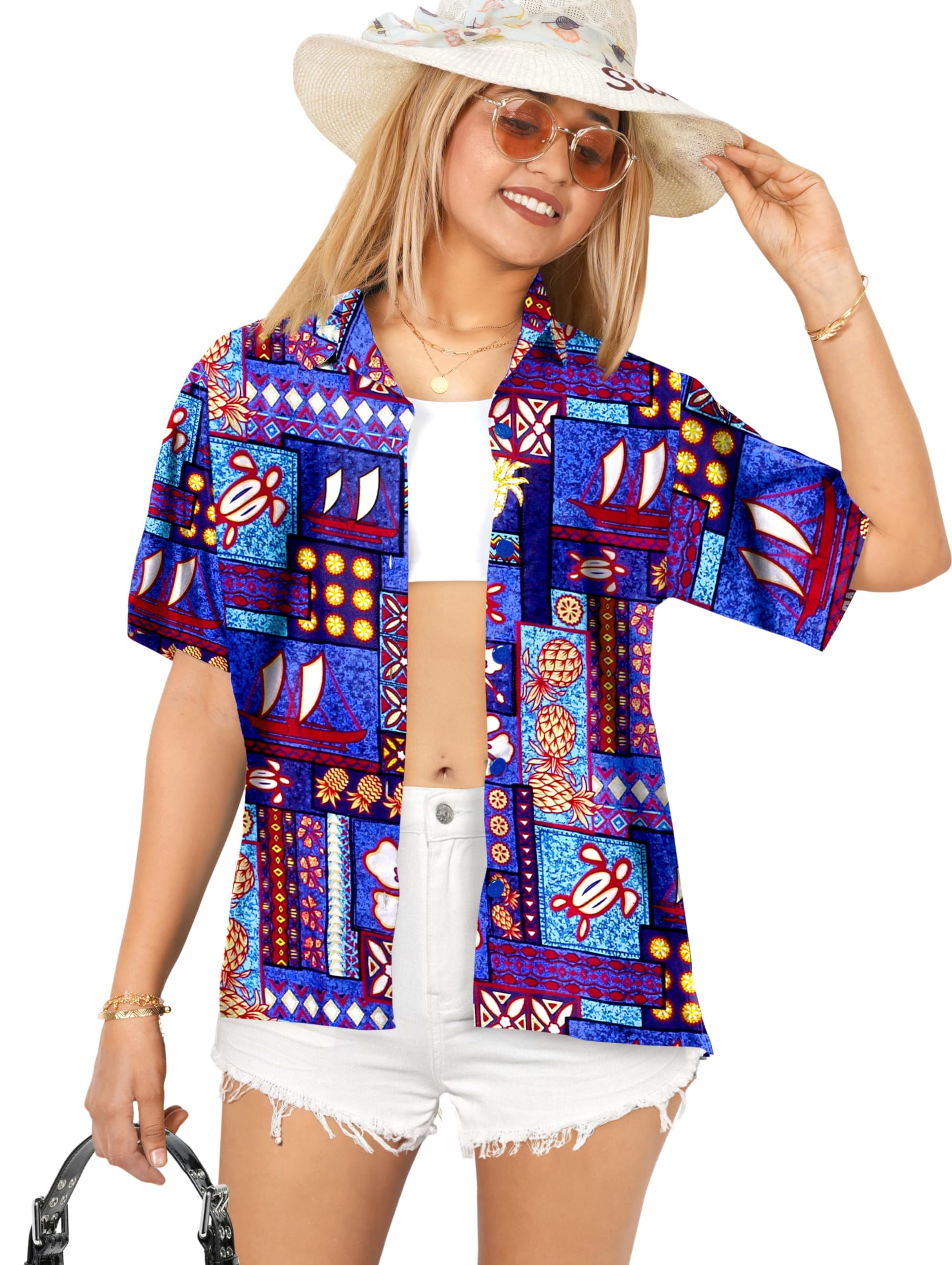 LA LEELA Women's Hawaiian Short Sleeve Blouse - Floral Beach Shirt for Summer Vacation, Luau Party & Tropical Getaway