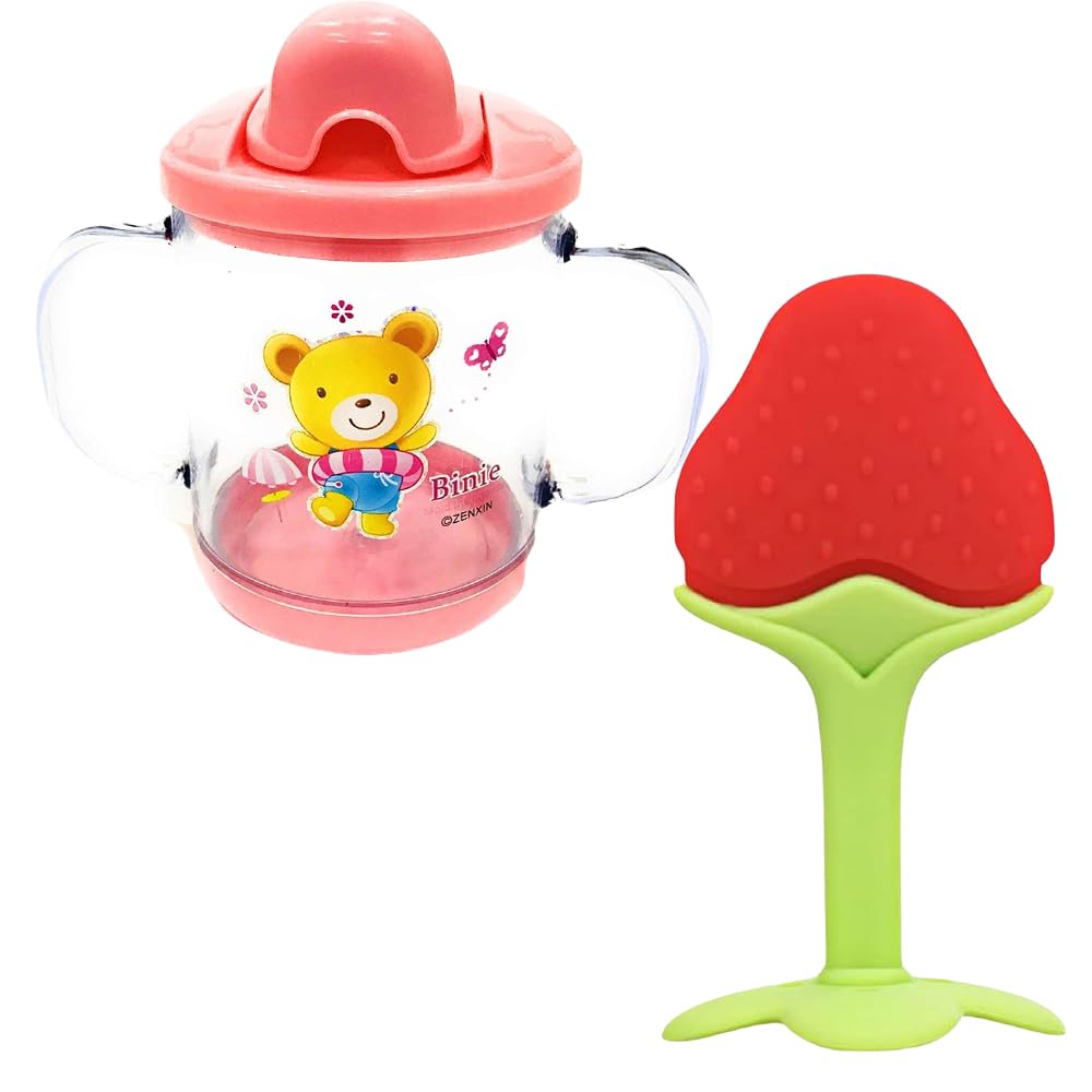 Joy Buzz Baby Sipper & Teether Set - BPA-Free Silicone Sippy Cup & Teething Toy for Infants 6+ Months | Safe, Comfortable & Durable | Perfect for On-the-Go Feeding & Soothing Teething Pain (Pink & Red)