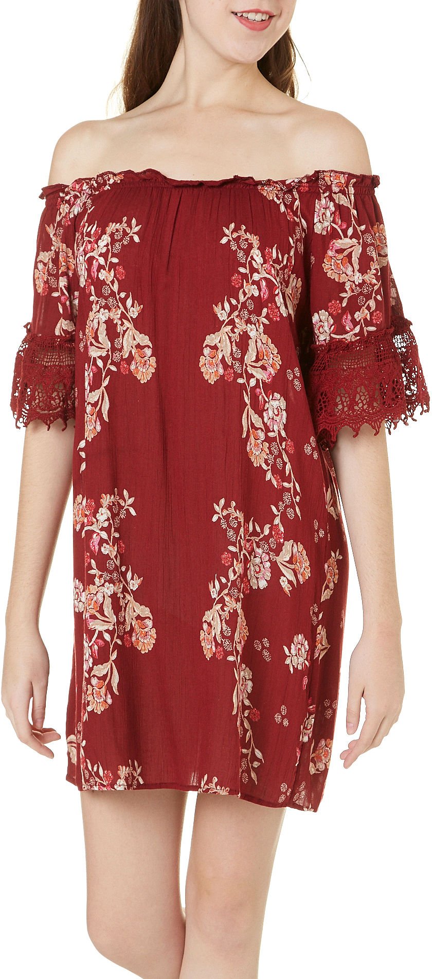 Angie Women's Off Shoulder Crochet Trim Dress - Flowy Summer Dress for Beach, Party & Casual Wear - One Size Fits Most
