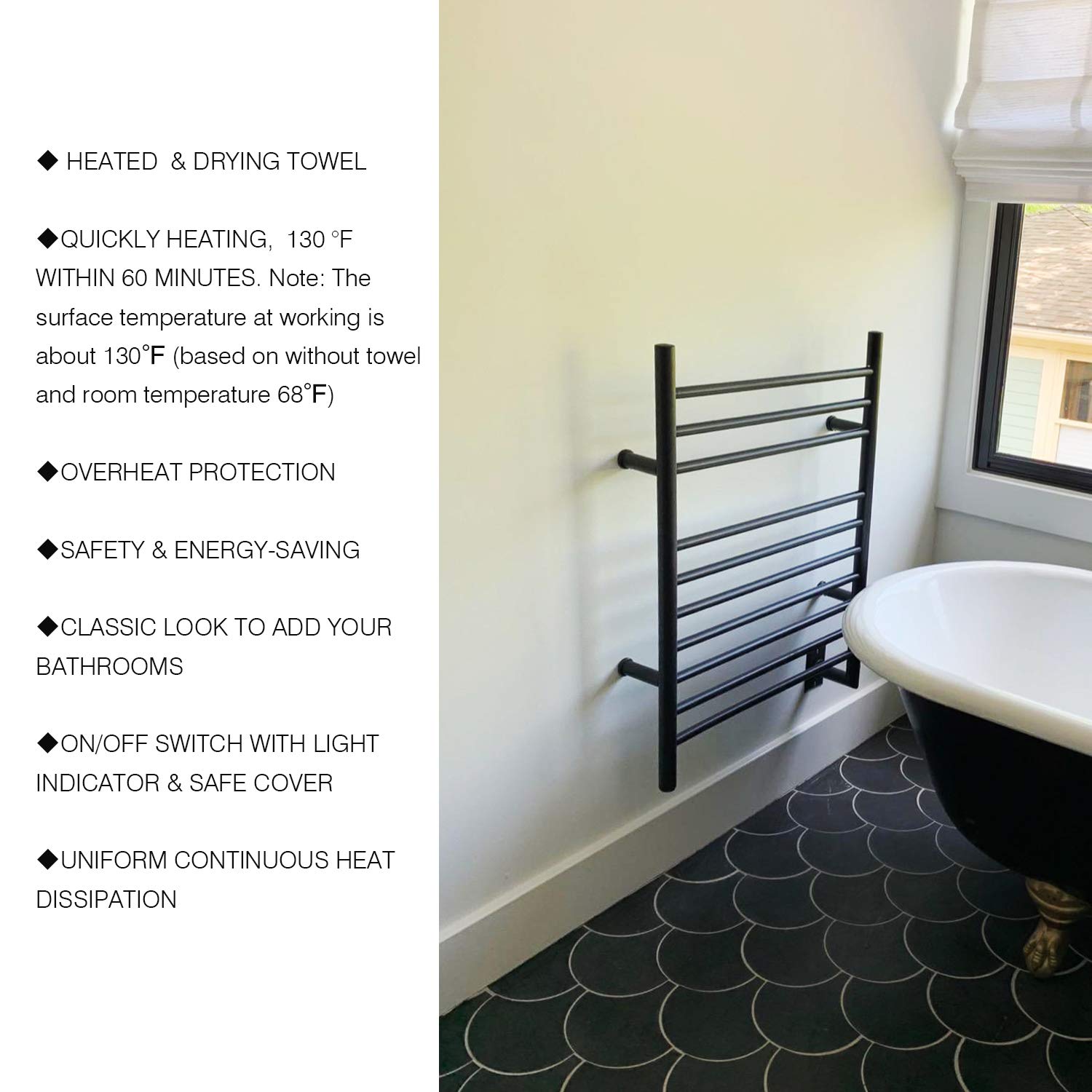 HEATGENE Hardwired Heated Towel Rack - Wall Mounted Bathroom Towel Warmer in Matte Black | Fast Warming for Spa, Luxury Hotels & Home Use
