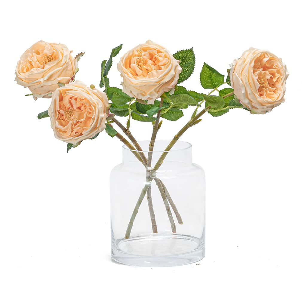 DUYONE Real Touch Artificial Flowers - 4pcs Champagne Austin Rose & Peony Latex Fake Flowers for Home Decor, Living Room, Wedding, Party, and Office Decoration | Vivid Pink Roses and Peonies Bouquet