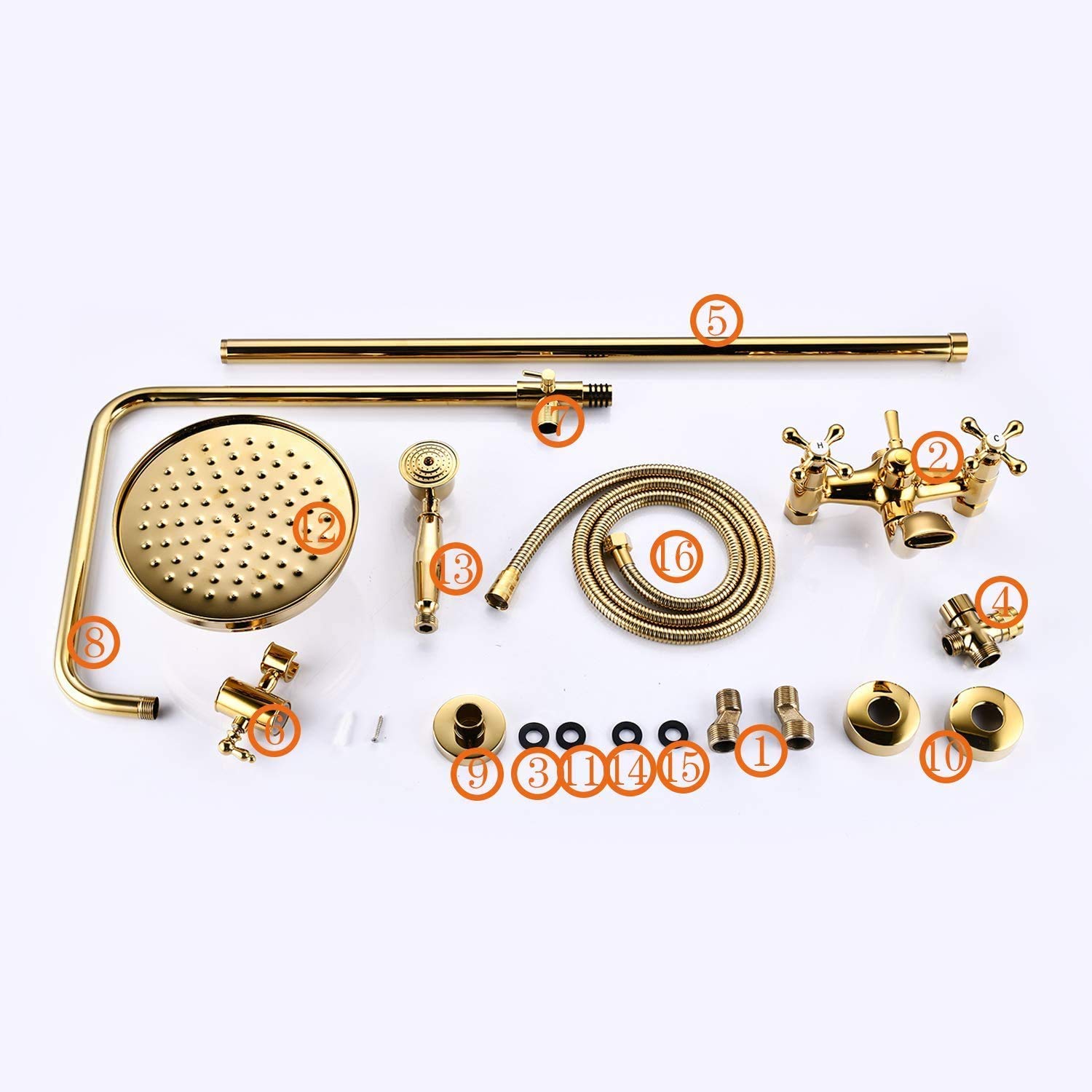 Luxury 8 Inch Gold Polished Rainfall Shower Head System with 2 Cross Knobs & 12 Inch Extension Tube - Premium Bathroom Faucet Kit for Spa-Like Shower Experience