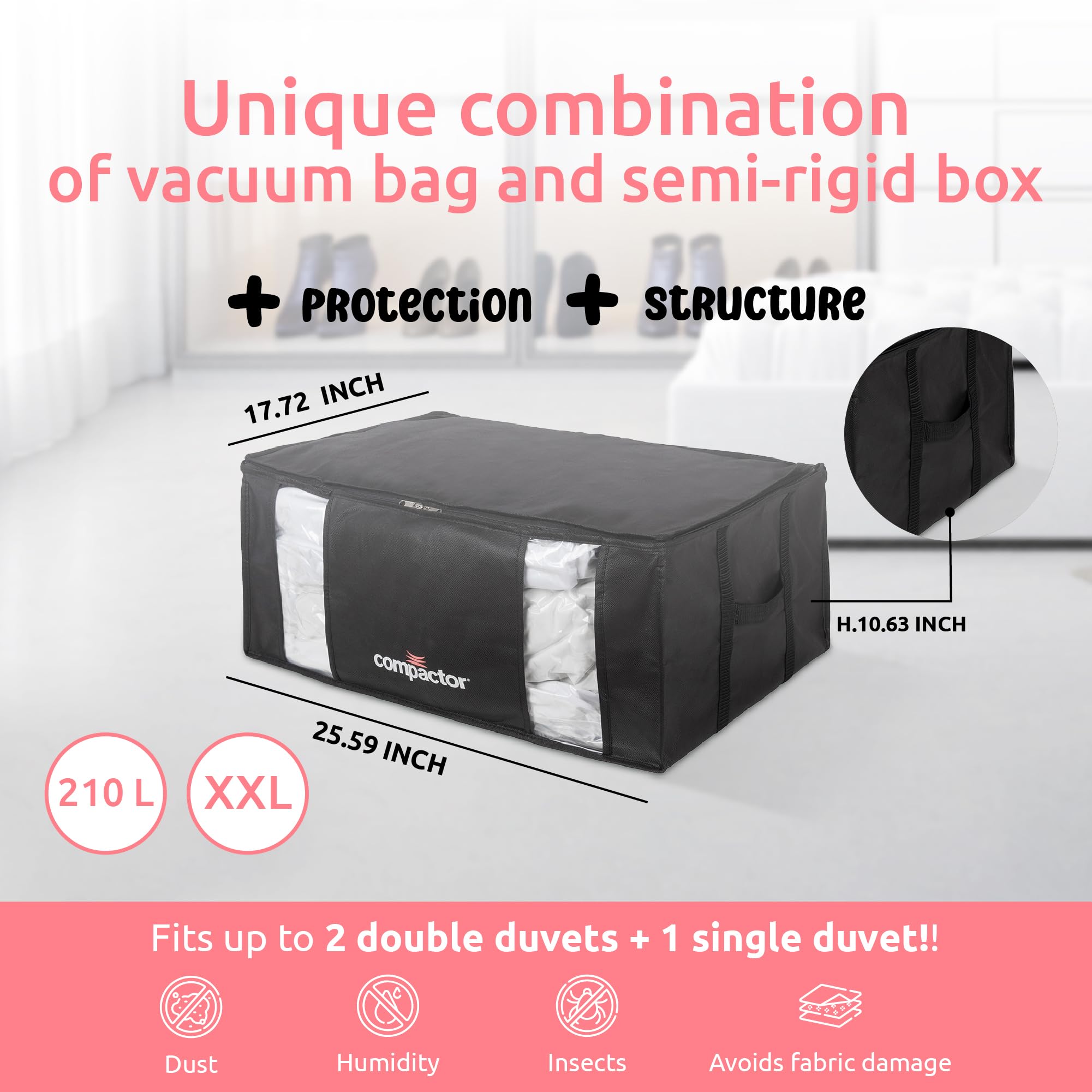 **3D Vacuum Storage Bags XXL - 3 Pack | Space Saver Compactor for Clothes, Blankets & Seasonal Items | Polypropylene + Nylon, Black Semi-Rigid Box | Perfect for Travel, Moving & Home Organization**