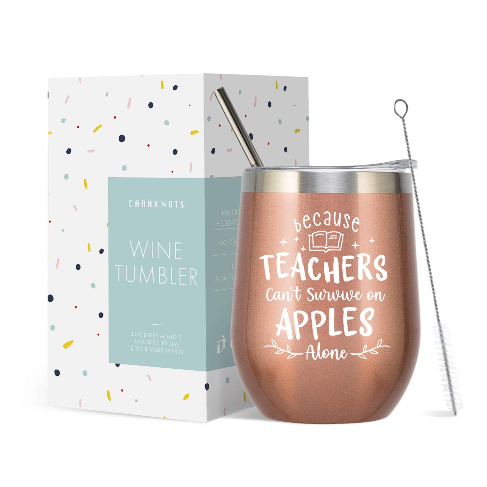 CARAKNOTS Stainless Steel Rose Gold Wine Tumbler with Lid & Straw - Perfect Teacher Gift for Appreciation, Graduation, Birthday | Ideal for Classroom, Office & Outdoor Use