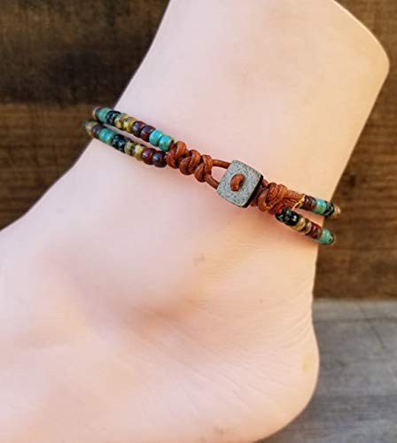 Handmade Beaded Leather Wrap Anklet for Women - 9 Inch Adjustable Bohemian Ankle Bracelet - Perfect for Beach, Festival, and Summer Outfits