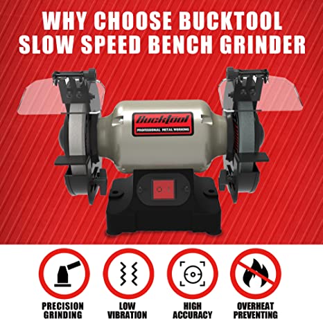 BUCKTOOL 6 Inch Slow Speed Bench Grinder - Professional Wobble-Free Power Tool with TLG 150S Wheel for Sharpening, Polishing & Metalworking - Perfect for Workshops, Garages & DIY Projects