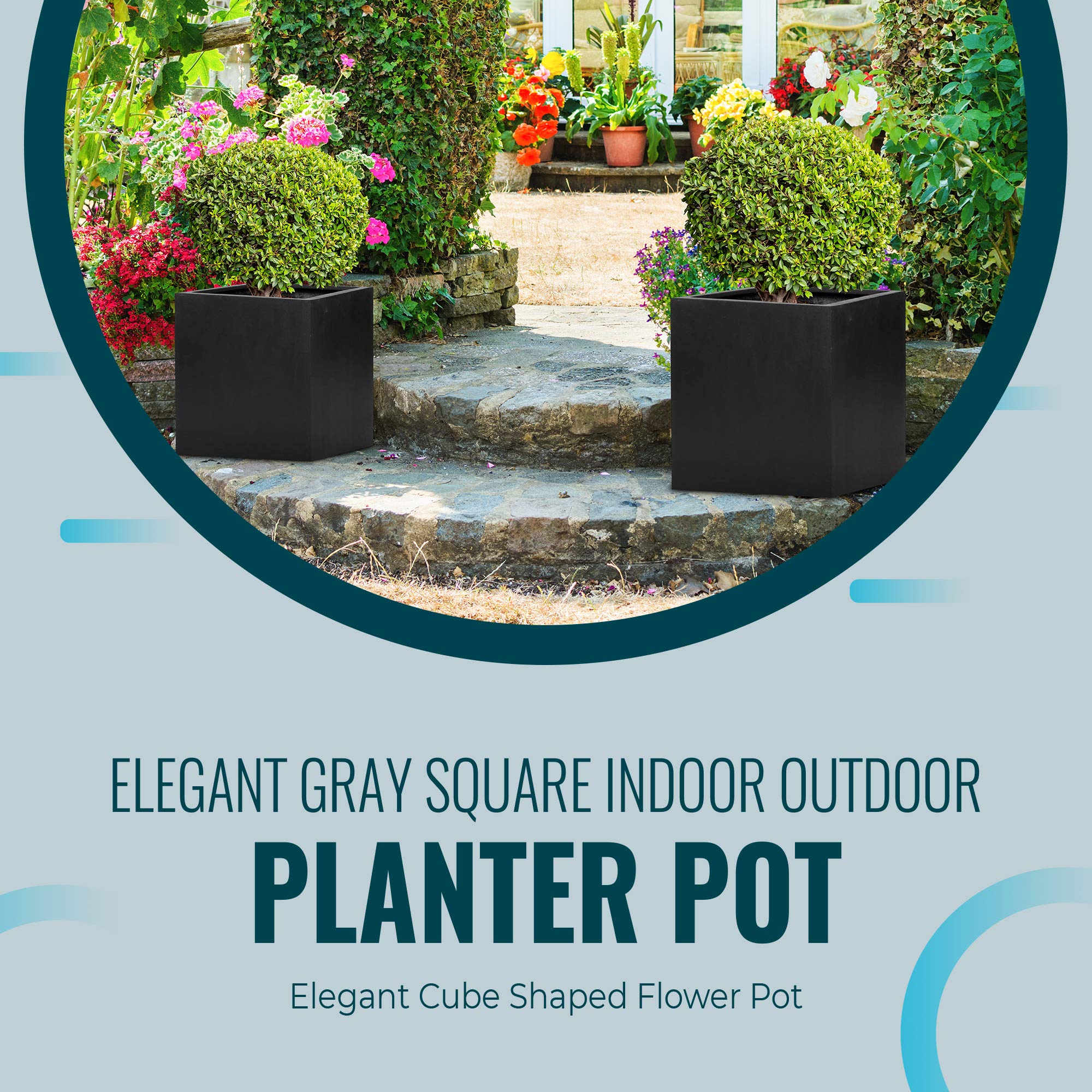 Modern Black Square Planter Pot – 16” Cube Indoor/Outdoor Fiberstone Flower Pot for Home, Garden, Patio & Office Decor