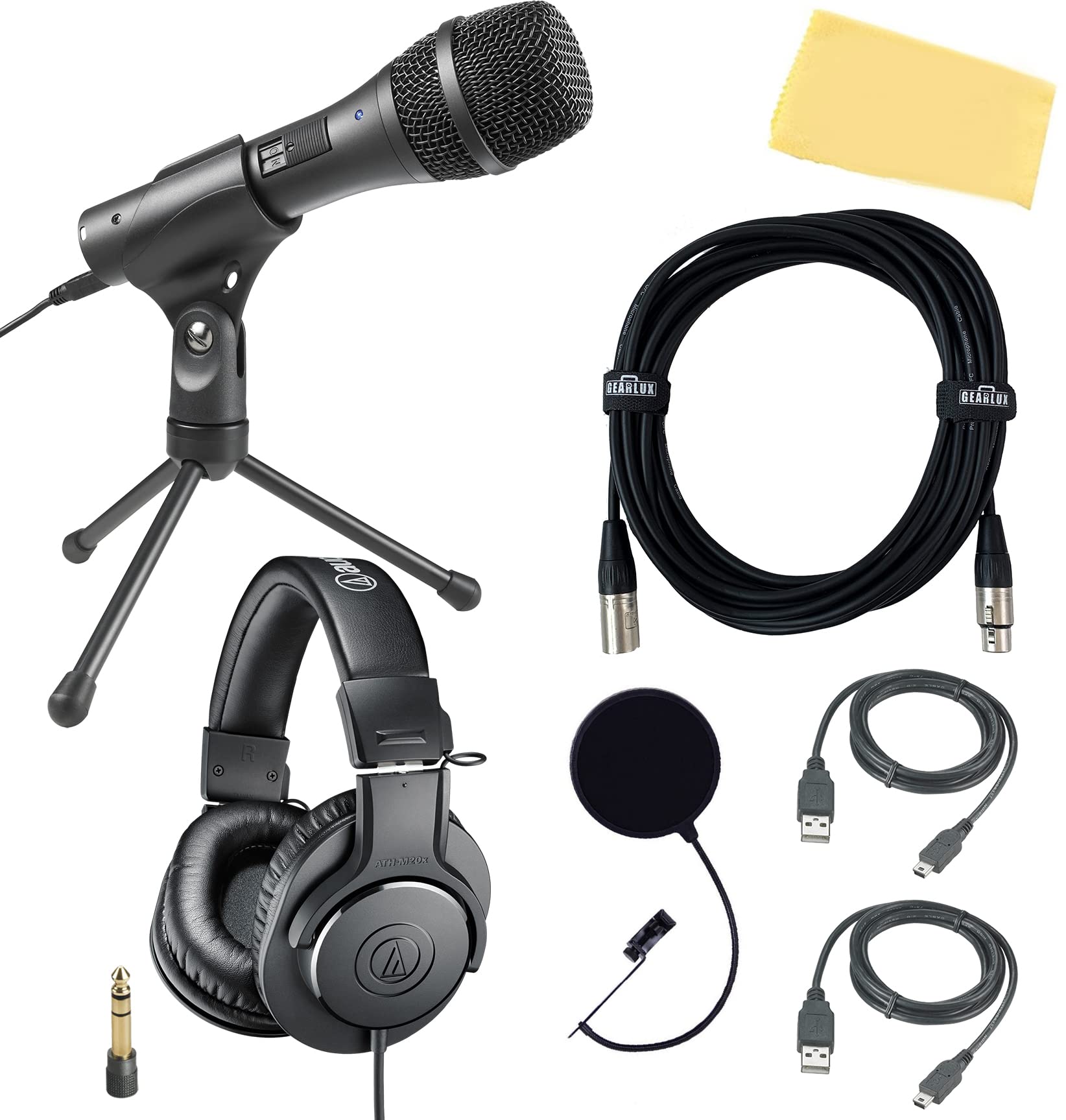 Audio-Technica AT2005USB Professional USB/XLR Microphone Bundle with ATH-M20x Studio Headphones, Mic Stand, Pop Filter & Cables for Podcasting, Streaming & Home Recording