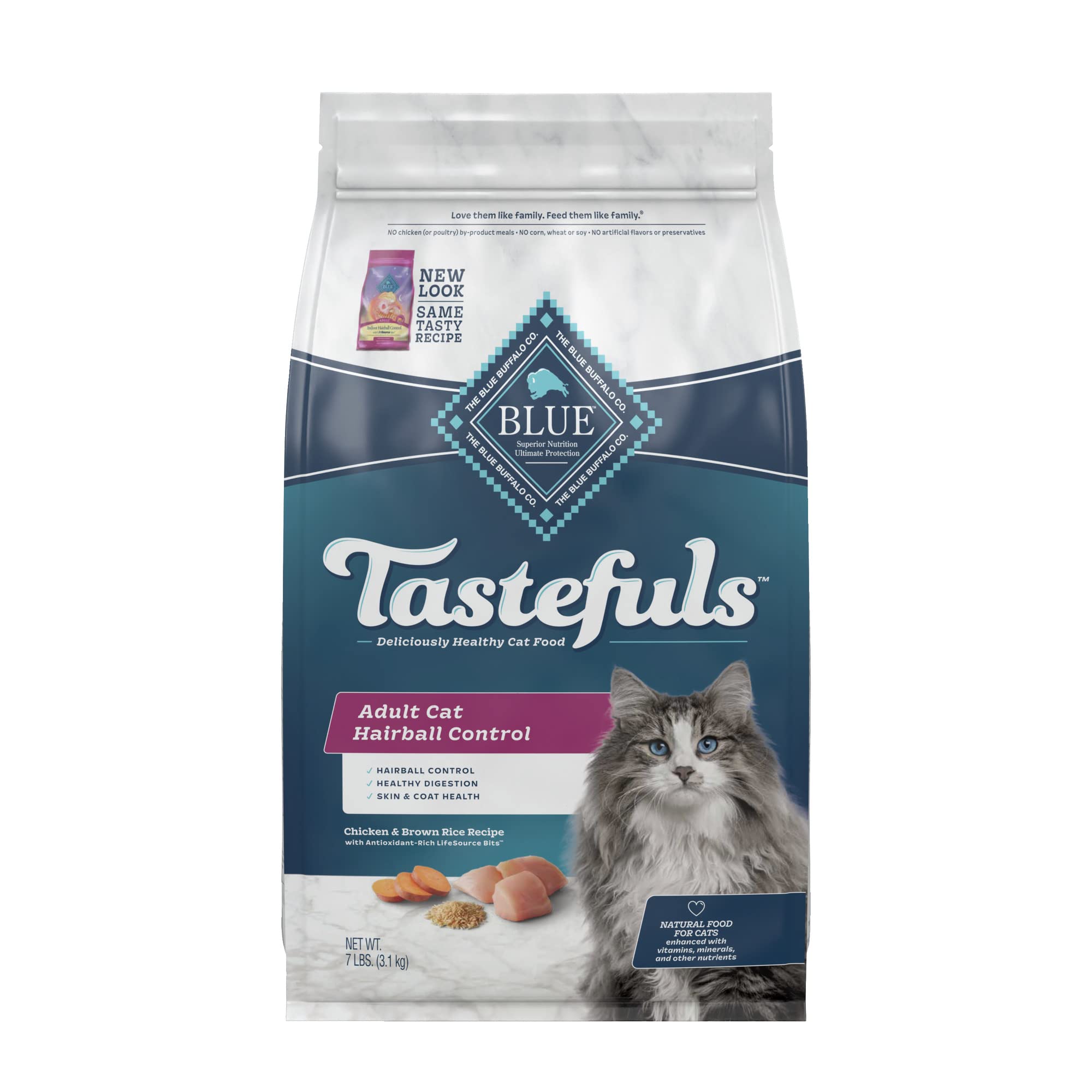 Blue Buffalo Tastefuls Hairball Control Natural Adult Dry Cat Food, Chicken Flavor, 7lb Bag - Healthy Indoor Cat Nutrition for Hairball Prevention & Digestive Support