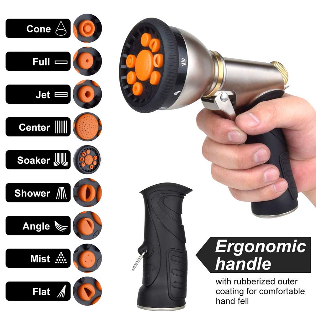 Heavy Duty Metal Garden Hose Nozzle Spray Gun - 9 Adjustable Watering Patterns, High Pressure Water Sprayer with Comfort Grip - Perfect for Car Washing, Lawn Watering, Pet Bathing, and Outdoor Cleaning