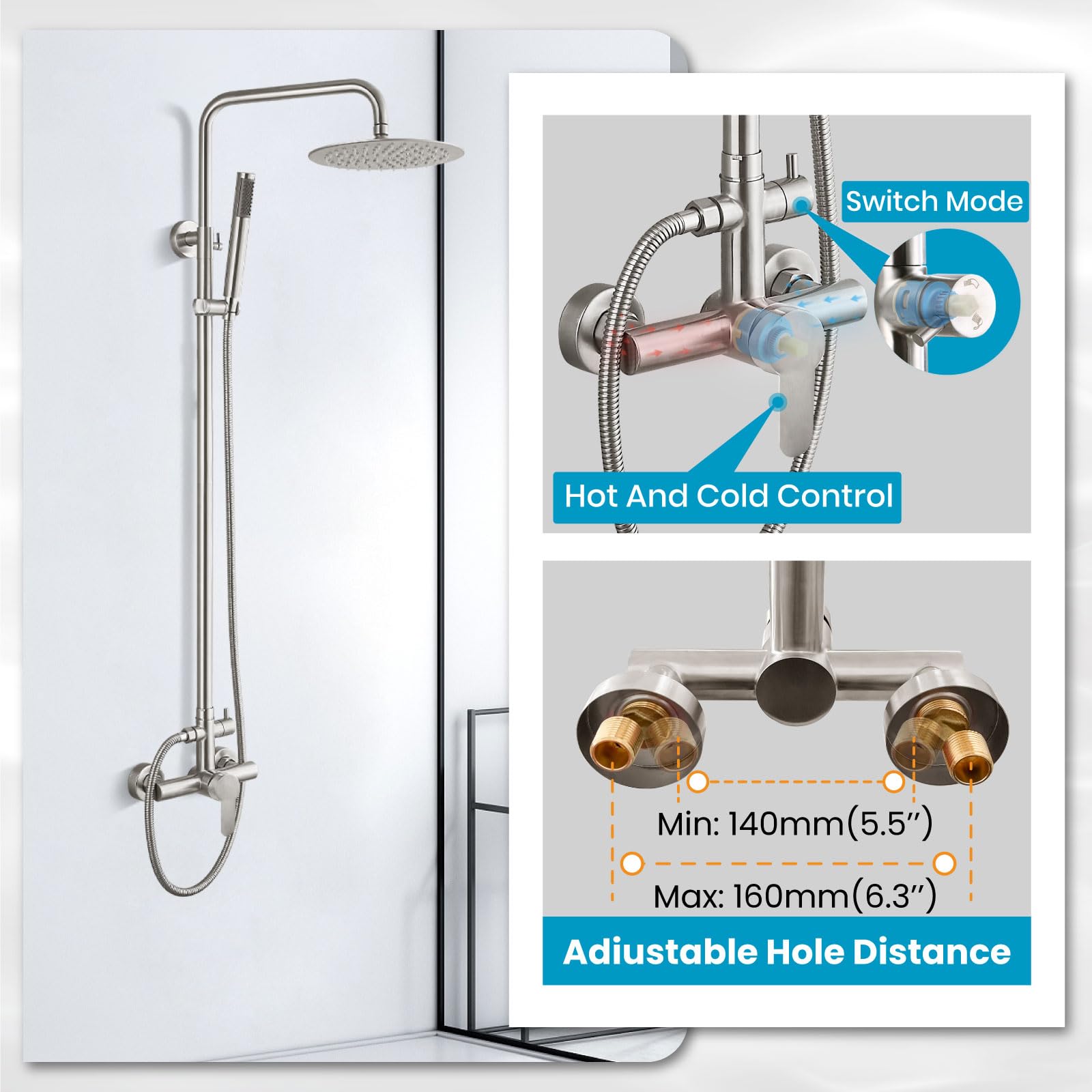 Gotonovo Outdoor Shower Faucet Set - SUS304 Stainless Steel Rainfall Shower Head with High Pressure Hand Spray, 2-Function Wall Mount System in Brushed Nickel (8 Inch) - Perfect for Patio, Poolside, and Garden Use