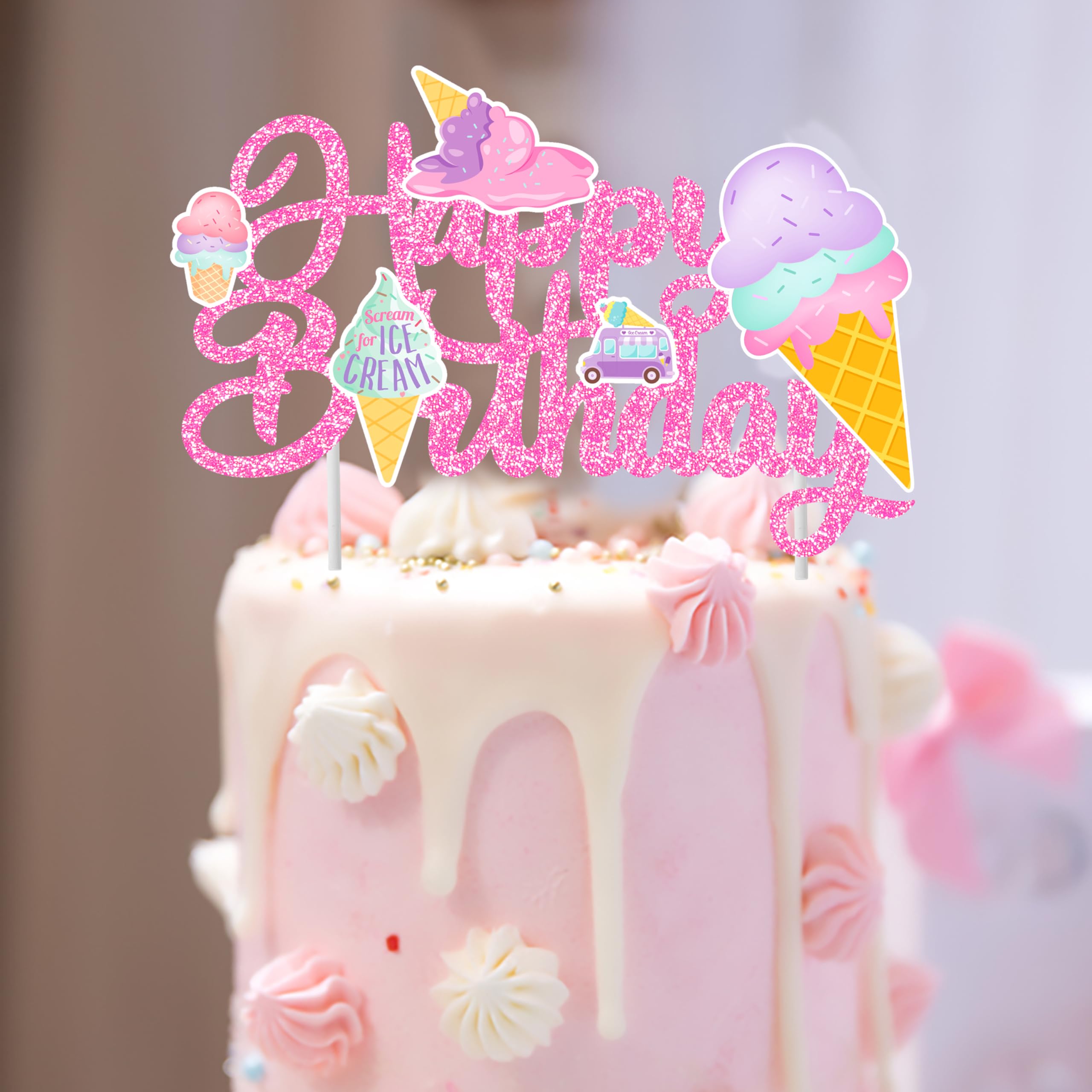 Pink Glitter Ice Cream Cake Topper - Happy Birthday Party Decorations for Kids, Boys & Girls | Ice Cream Themed Birthday Cake Decor & Summer Party Supplies | Perfect for Birthday Cakes, Cupcakes & Ice Cream Themed Parties
