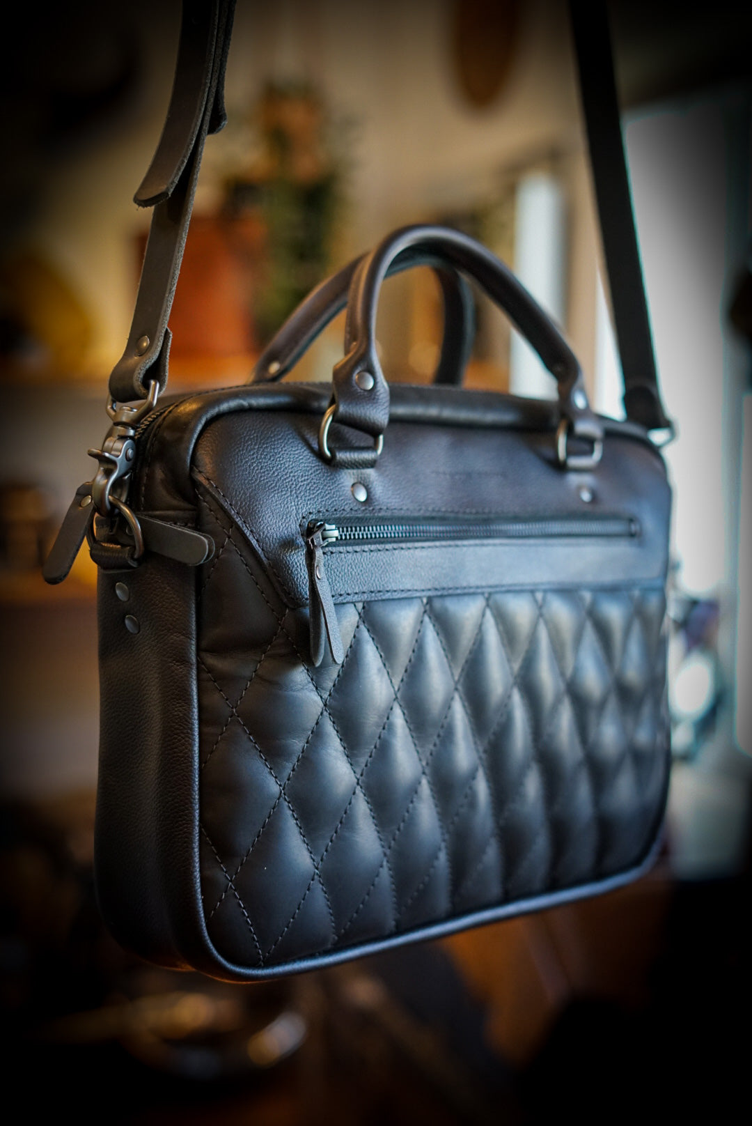 Premium Diamond Stitch Work Bag - Two Tone Flat Black & Pebbled Black Accents - Durable Professional Laptop Tote for Office, Business Travel & Commuting