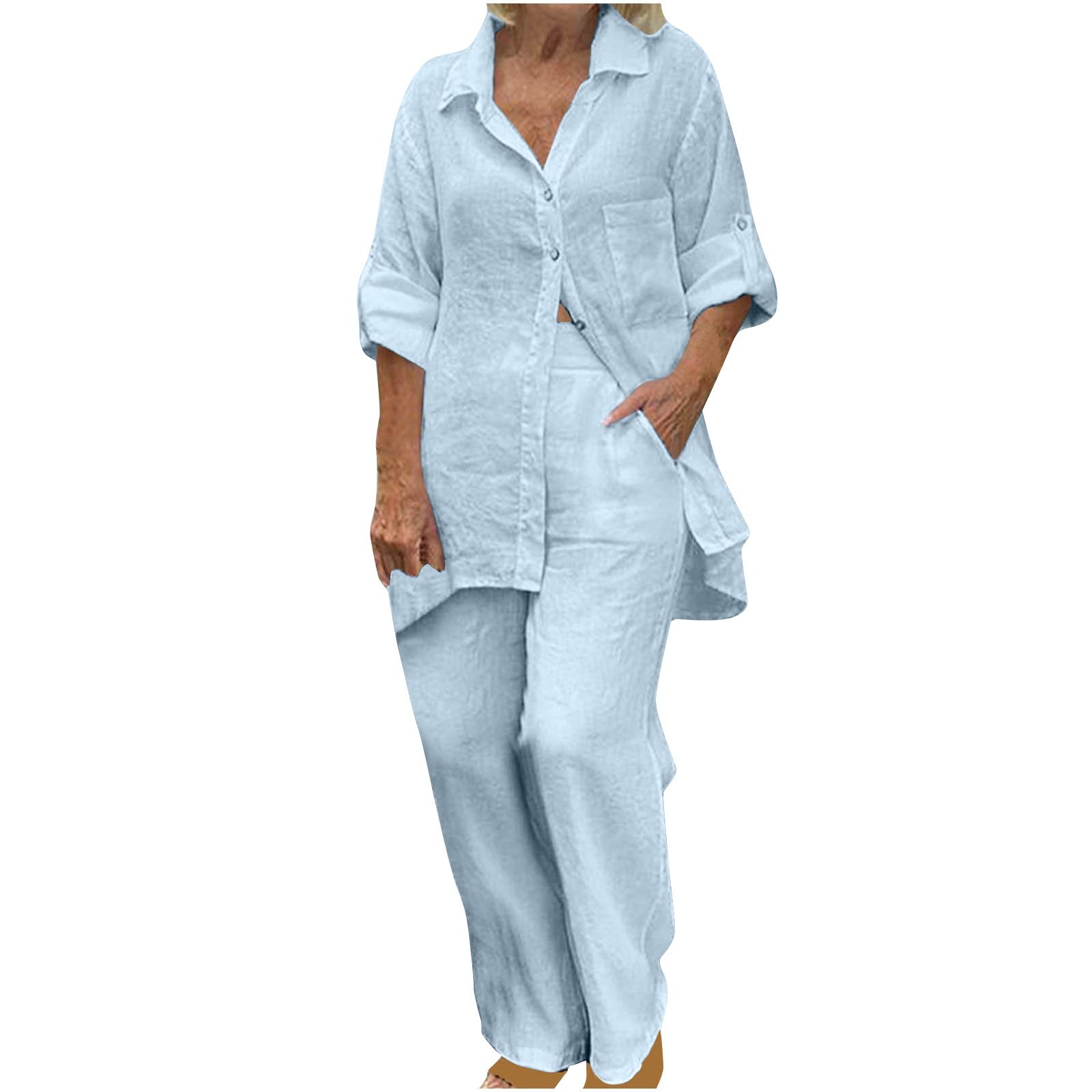 Women's 2-Piece Cotton Linen Loungewear Set - Plus Size Pants & Shirt for Sleep & Relaxation