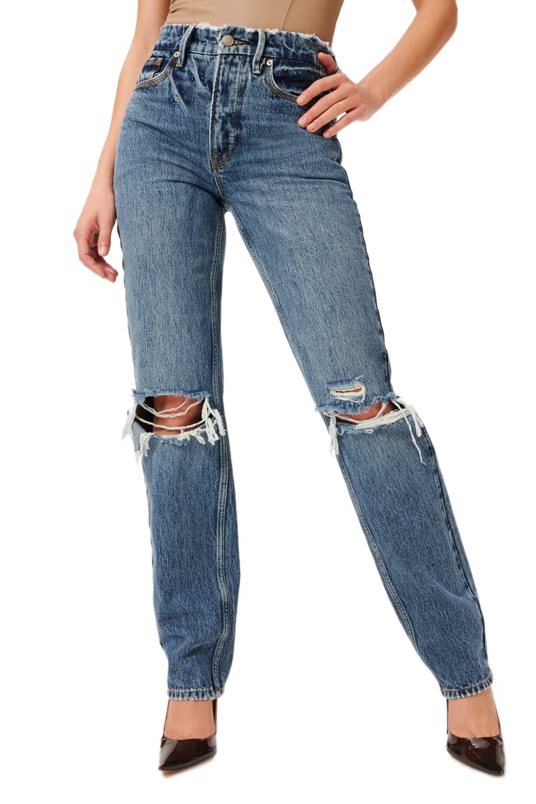 Good American Women's 90s High-Rise Destroyed Straight Leg Jeans - Vintage Distressed Denim for Casual Outfits & Streetwear Fashion
