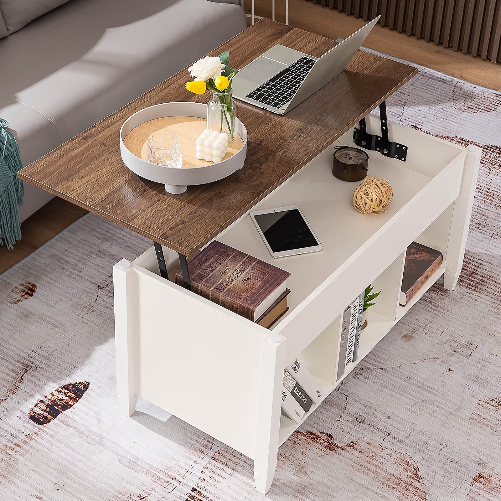VINGLI White Lift Top Coffee Table with Storage Shelf & Hidden Compartment - Gas Lift Mechanism, Modern Pop Up Center Table for Living Room - Perfect for Small Spaces, Home Office & Entertainment Areas