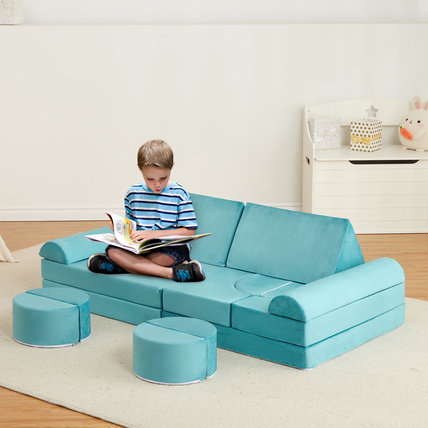 GARVEE 15Pcs Modular Kids Play Couch - Convertible Foam Sofa for Toddlers & Children | Creative Playroom Furniture for Boys & Girls in Teal | Perfect for Indoor Play, Reading Nook & Imaginative Playtime
