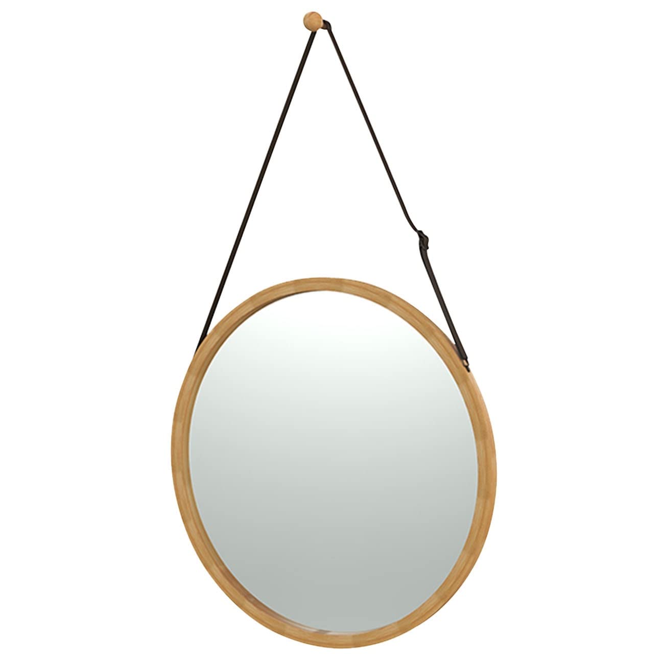 Round Bamboo Wall Hanging Mirror with Adjustable Leather Lanyard - 45cm Yellow Decorative Mirror for Bathroom, Dresser, Cloakroom & Bedroom Decor