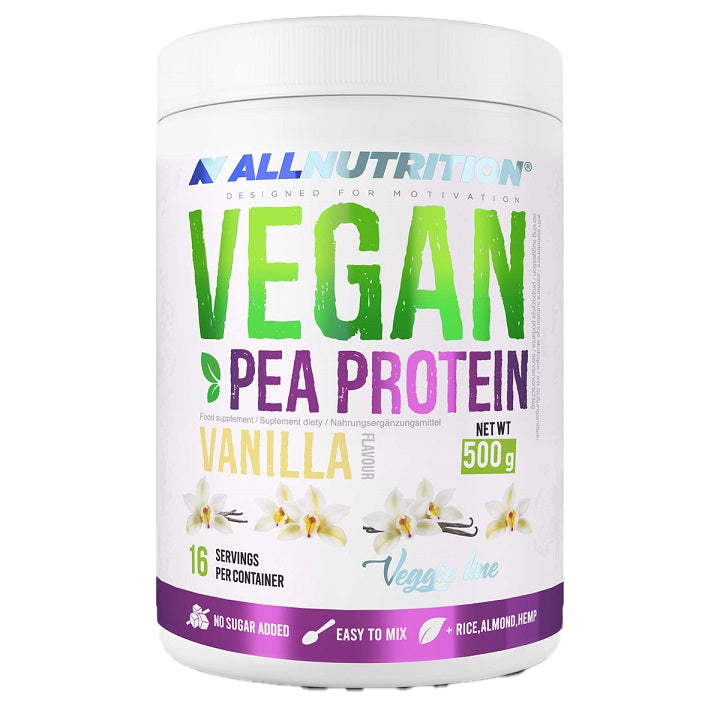 Allnutrition Vegan Pea Protein Powder - Vanilla Flavor 500g | Plant-Based Protein Supplement for Muscle Recovery, Smoothies & Baking | Dairy-Free & Gluten-Free