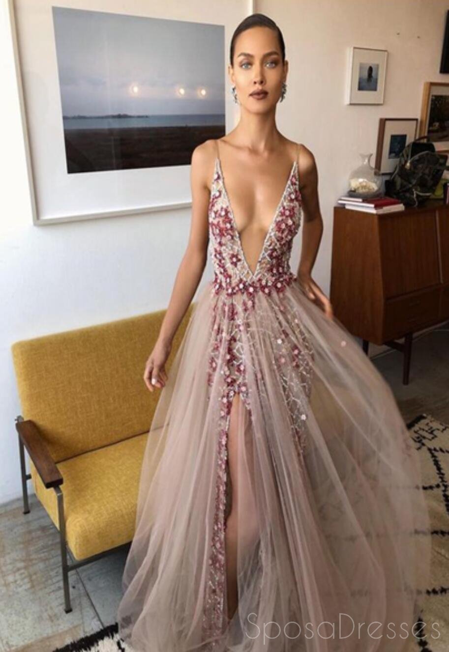 Elegant Grey Side Slit Tulle Beaded Long Evening Prom Dress - Custom Party Gown for Formal Events | Perfect for Prom, Homecoming, and Black Tie Occasions