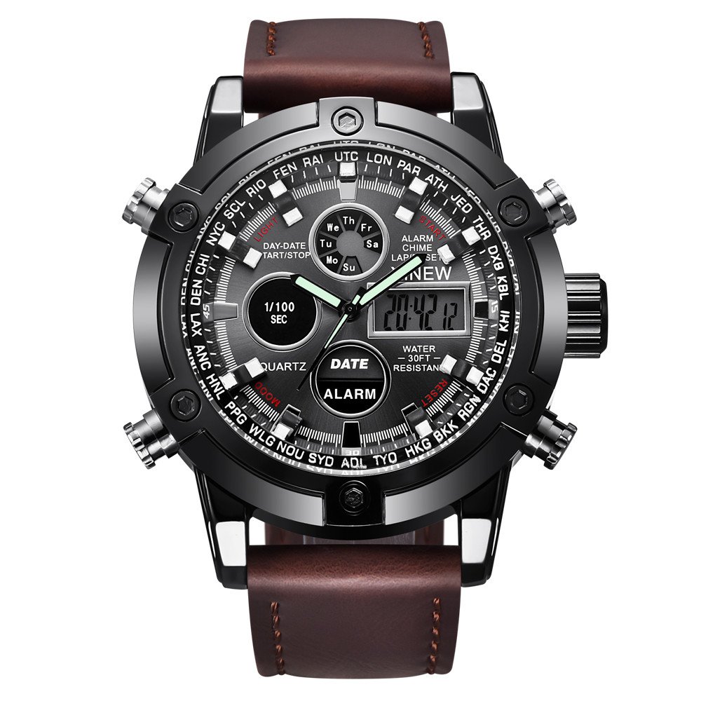 Men's Digital Analog Dual Movement Watch - Stretch Band Sport Wristwatch with LED Display & Genuine Leather - Perfect for Running, Gym Workouts & Business Casual Wear