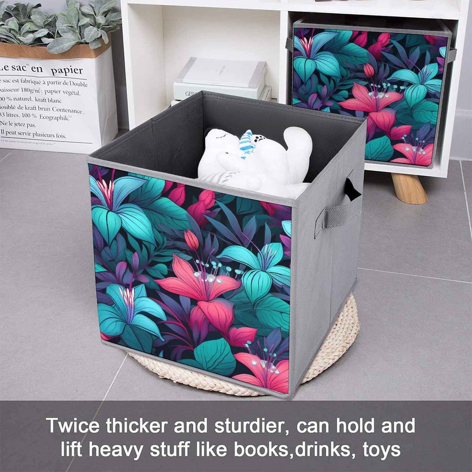 Foldable Storage Cubes with Handles - Tropical Flowers Organizer for Home & Office