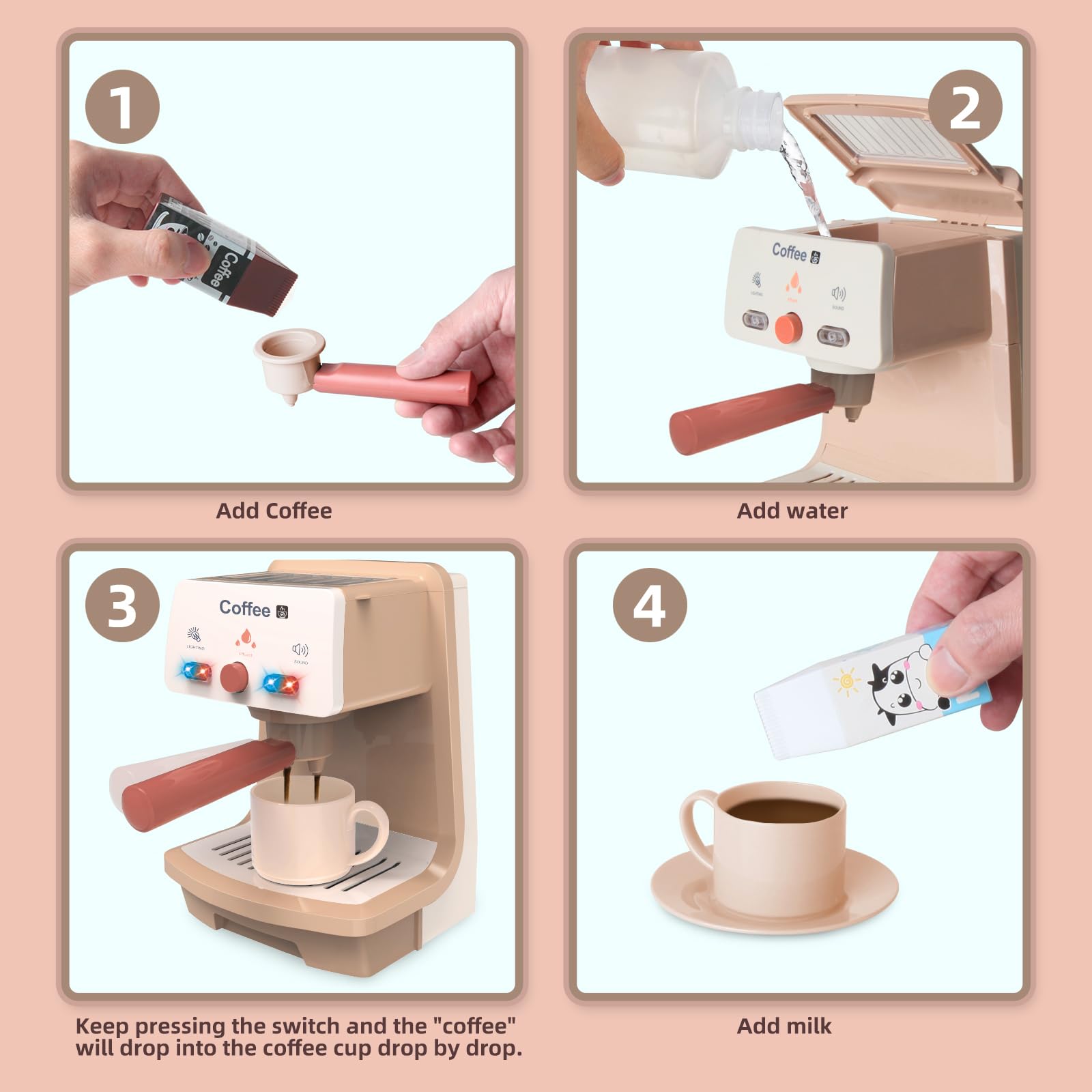 **Kids Pretend Play Coffee Maker Toy Set - Realistic Espresso Machine with Lights & Sounds for Imaginative Play - Perfect for Role-Playing & Kitchen Fun**