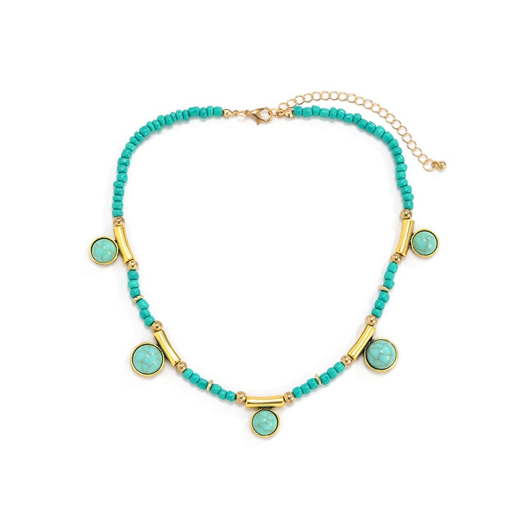 Boho Layered Necklace - Gold Adjustable Beach Necklace with Green Beads & Heart Pendant - Retro Jewelry for Women & Girls - Perfect for Summer Outfits, Vacations & Boho Fashion