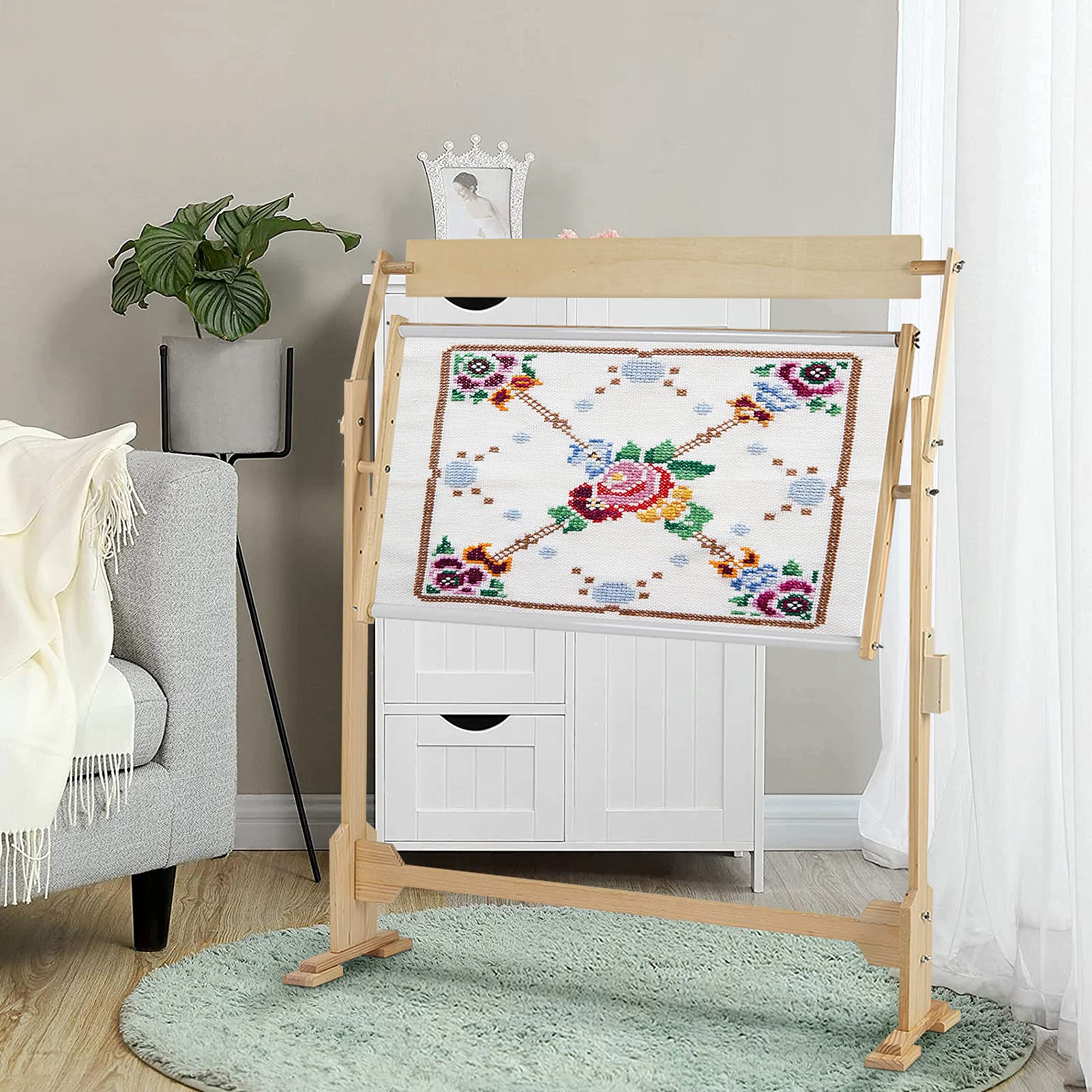 Adjustable Wooden Embroidery Stand - 360° Rotating Cross Stitch Floor Stand with Scroll Frame | Needlework Holder for Lap Table Craft & Sewing Projects | Perfect for Home Decor, DIY Gifts & Professional Embroidery Work