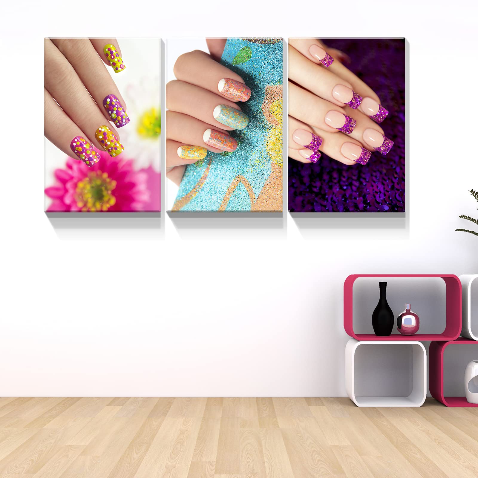 Denozer Salon Nail Room Wall Decor - 3 Panel Canvas Wall Art for Nail Studios, 32x48 Inch Ready-to-Hang Beauty Studio Decor - Perfect for Manicure Salons, Spa Rooms & Makeup Studios