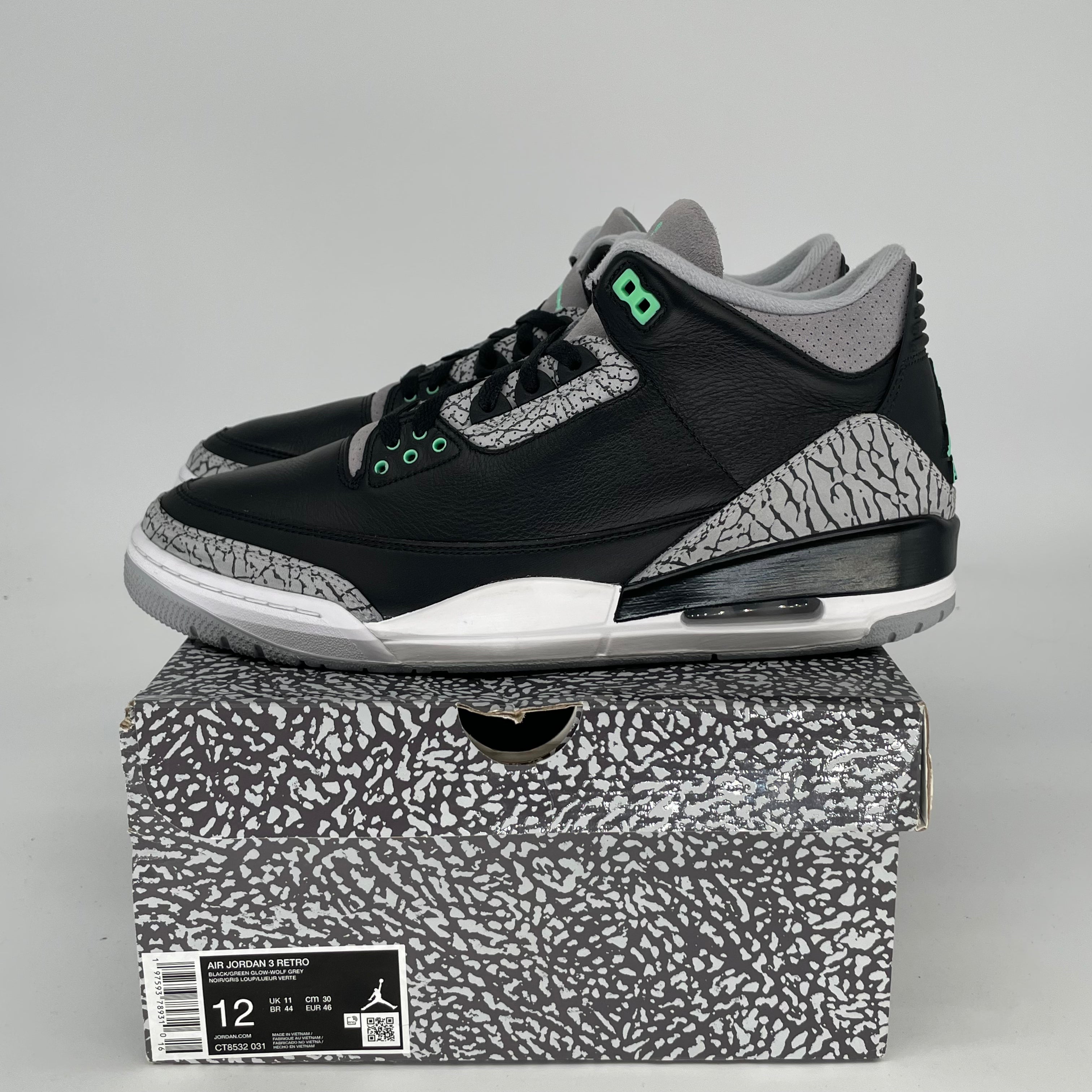 AIR JORDAN 3 Retro Green Glow Men's Basketball Shoes Size 12 - Style CT8532-031 | Perfect for Streetwear & Court Performance