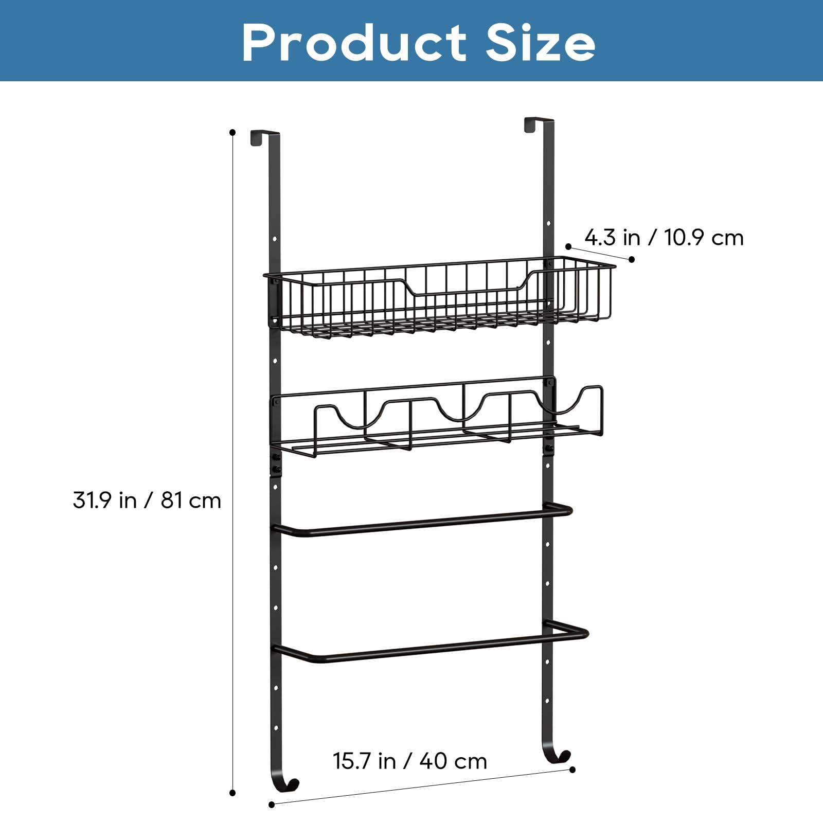 4-Tier Adjustable Over The Door Towel Rack with Storage Basket - Space Saving Bathroom Towel Holder for Bath, Shower & Kitchen Organization - Perfect for Small Spaces, Apartments & Dorm Rooms