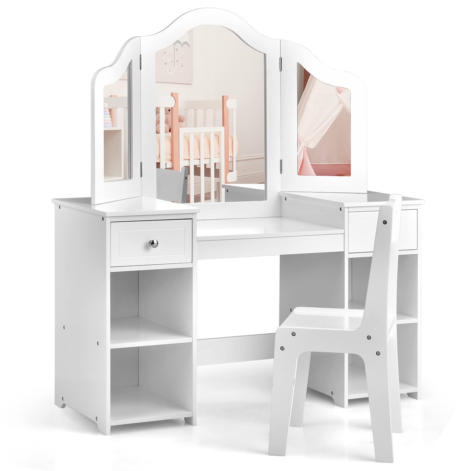 INFANS Kids Vanity Set - 2-in-1 Princess Makeup Desk & Chair with Storage Drawers, Tri-Folding Mirror & Shelves - Wooden Dressing Table for Girls - Pretend Play, Birthday Gift, Bedroom Decor for Toddlers & Kids