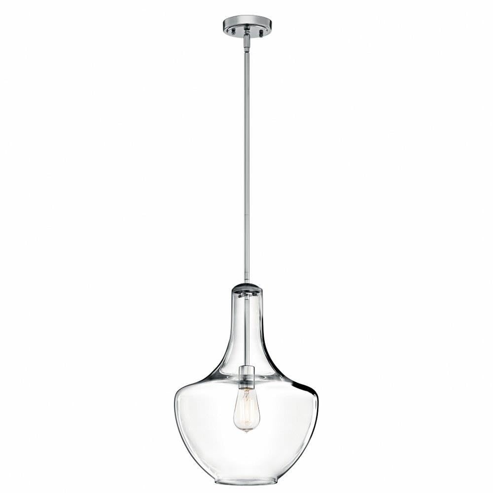 Modern Large Bell Shade Pendant Light Fixture - Clear Glass & Chrome Finish - Perfect for Dining Room, Kitchen Island, or Entryway Lighting