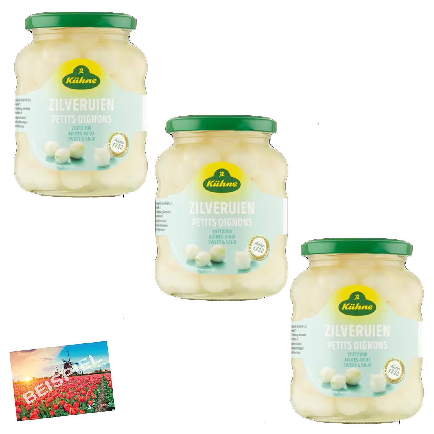 Set of 3 Kuhne Pickled Silver Onions 370g | Traditional Dutch Recipe | Fresh & Tangy | Perfect for Salads, Sandwiches & Charcuterie Boards | Gourmet Pantry Staple | Made in Netherlands