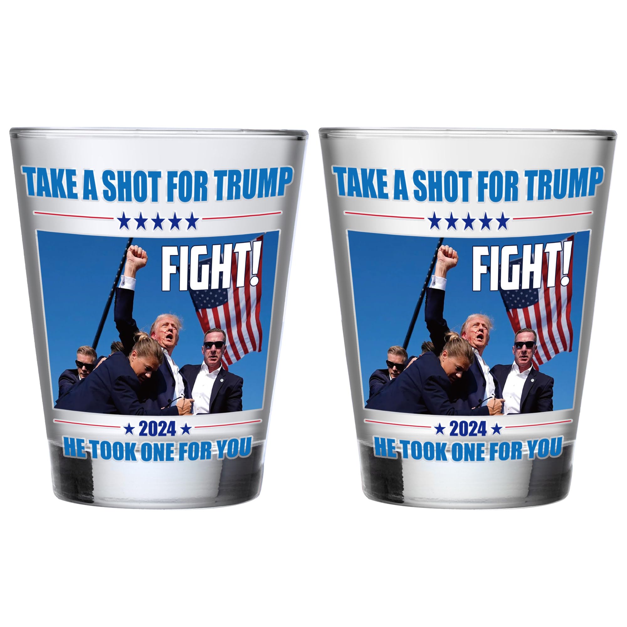 Trump Shot Glass 2-Pack - Never Surrender Shot Glasses with Fist Pump Design, Political Collectible & Novelty Gift for Trump Supporters - Perfect for Housewarming, Birthday Parties, Political Events & Bar Decor