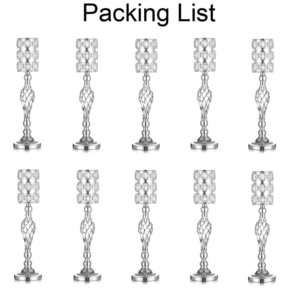 10-Pack Silver Metal Vases for Wedding Centerpieces - Tall Crystal Beaded Flower Stands for Tables, Birthday Parties & Home Decor | Elegant Event Decoration for Weddings, Anniversaries & Special Occasions