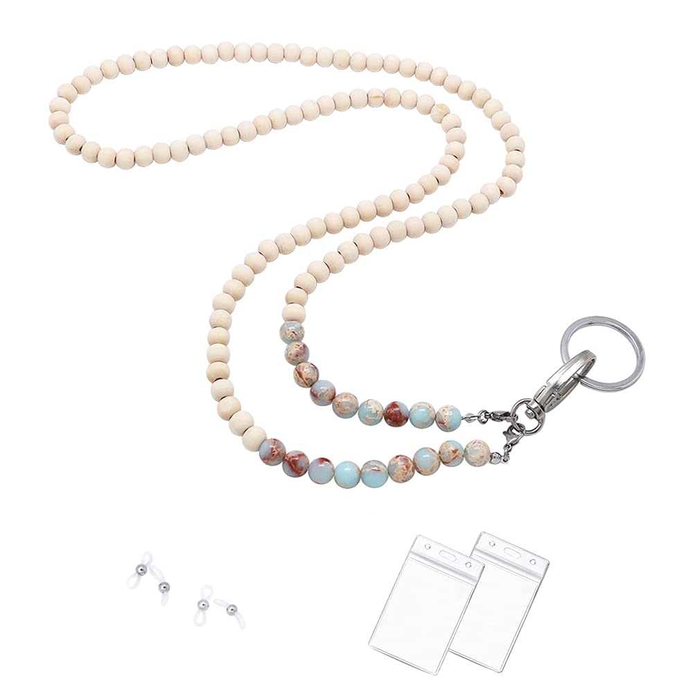 Wooden Beaded Lanyard for ID Badges & Keys - Light Cyan - Office & Event Use