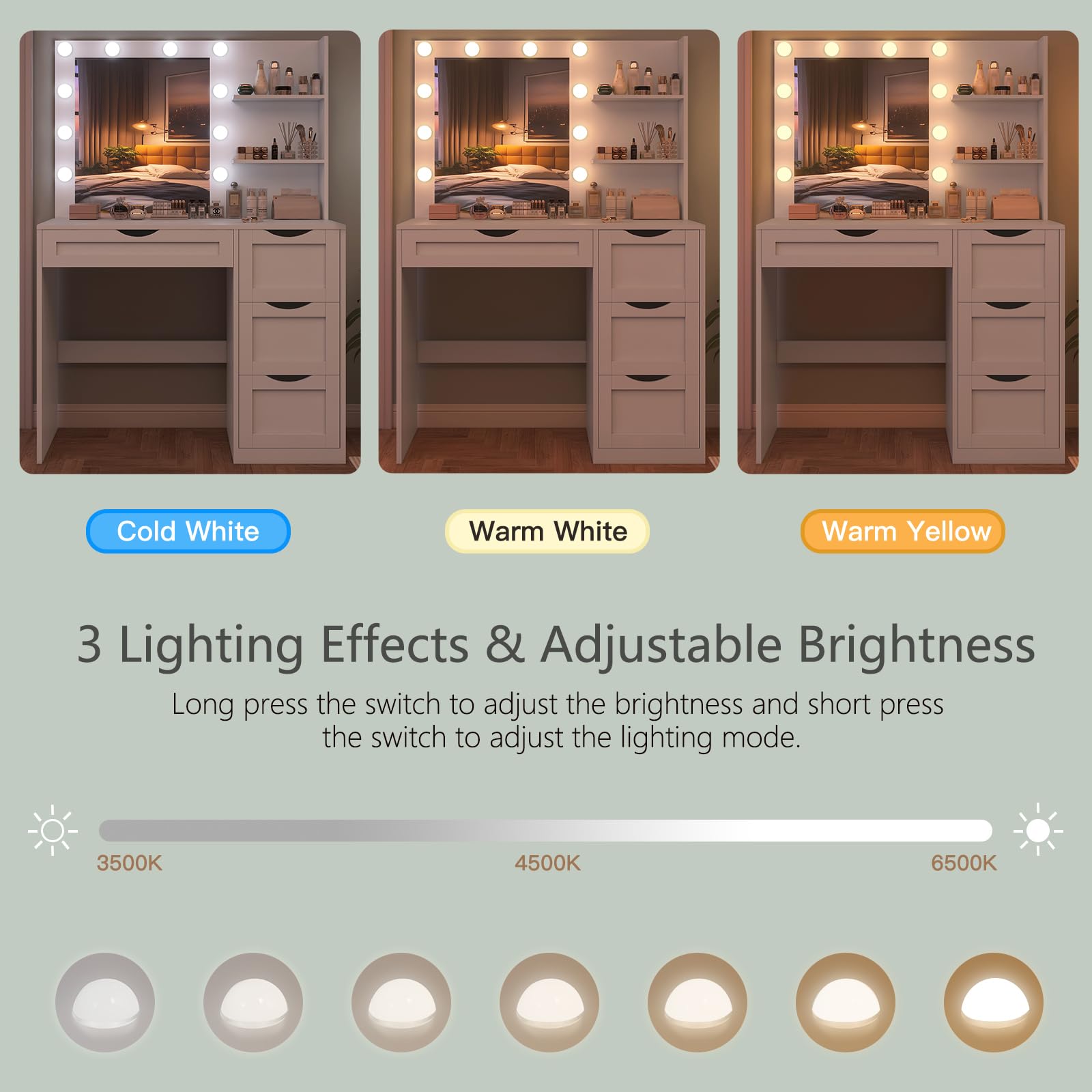 USIKEY White Makeup Vanity Desk with LED Mirror & 10 Adjustable Lights - 4 Drawers, 2 Storage Shelves, 3 Color Modes - Perfect Dressing Table for Bedroom, Home Salon & Beauty Room Organization