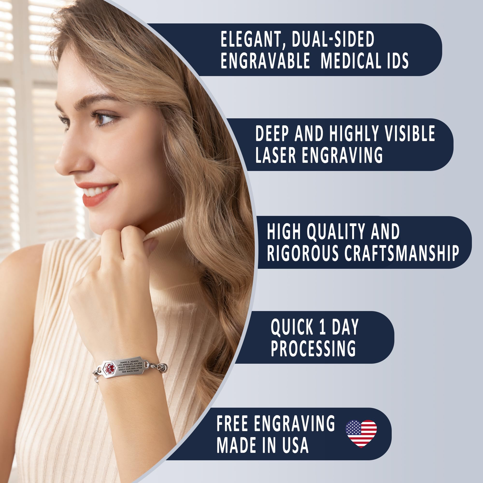 Divoti Custom Engraved Medical Alert Bracelet for Women - Adjustable Heart Link Medical ID Bracelet with Emergency Contact Info | Perfect for Diabetes, Allergies & Daily Safety Protection