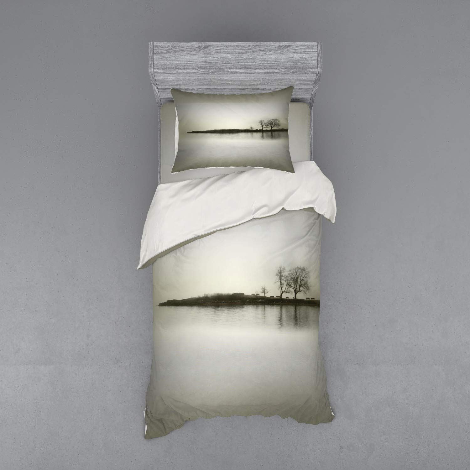 Ambesonne Nature Duvet Cover Set - Landscape Shady Tones with Isolated Trees Over Island, Calm Fog Blurry Environment Print, 3-Piece Bedding Set with Sham & Fitted Sheet, Twin XL Size, Sepia - Perfect for Cozy Bedrooms, Guest Rooms & Nature-Themed Decor