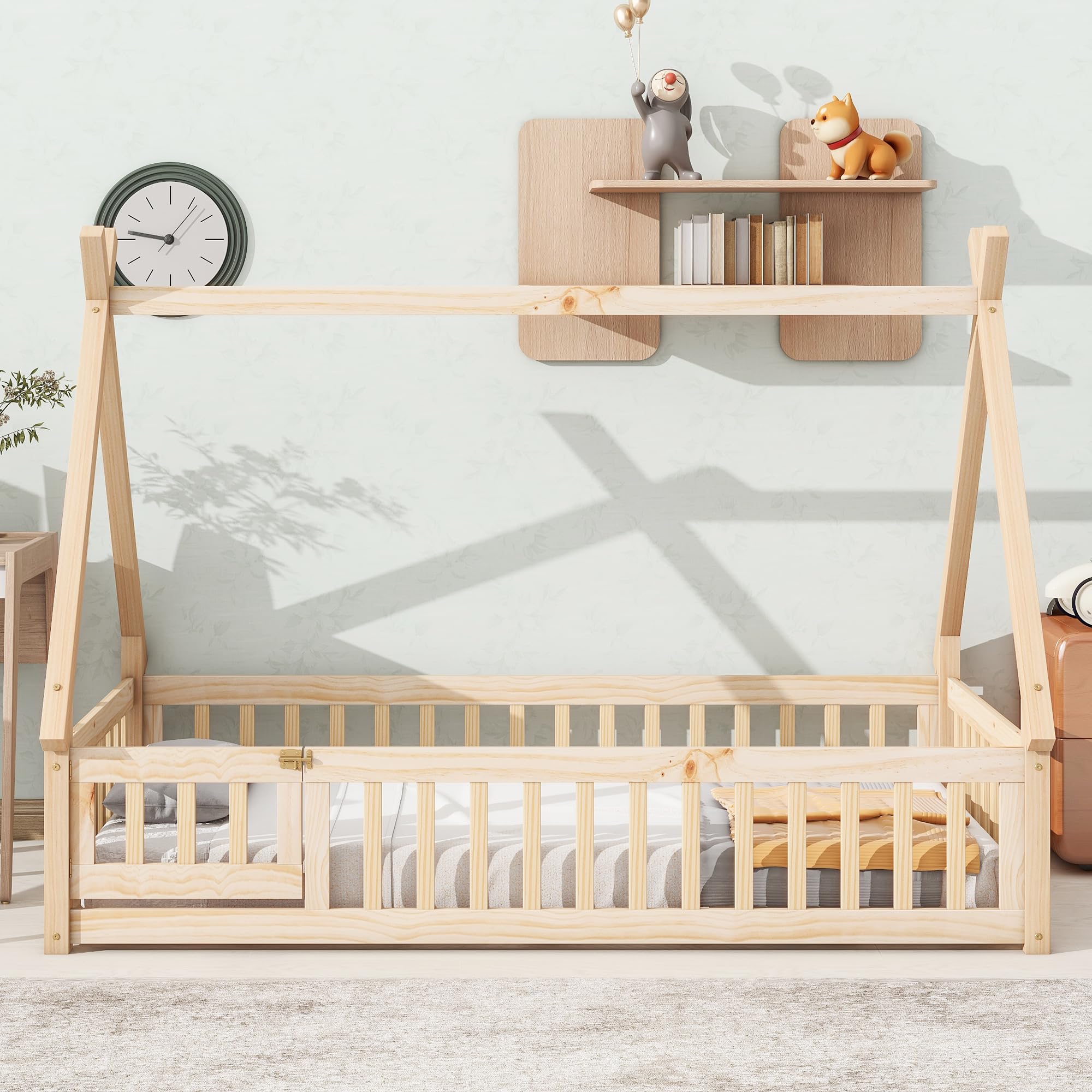 SOFTSEA Twin Size Tent-Shaped Floor Bed with Fence & Door - Solid Wood Bed Frame with Guardrails for Kids - House-Shaped Floor Bed with Triangle Structure - Natural Wood - Perfect for Kids' Bedroom, Playroom & Montessori Learning Spaces