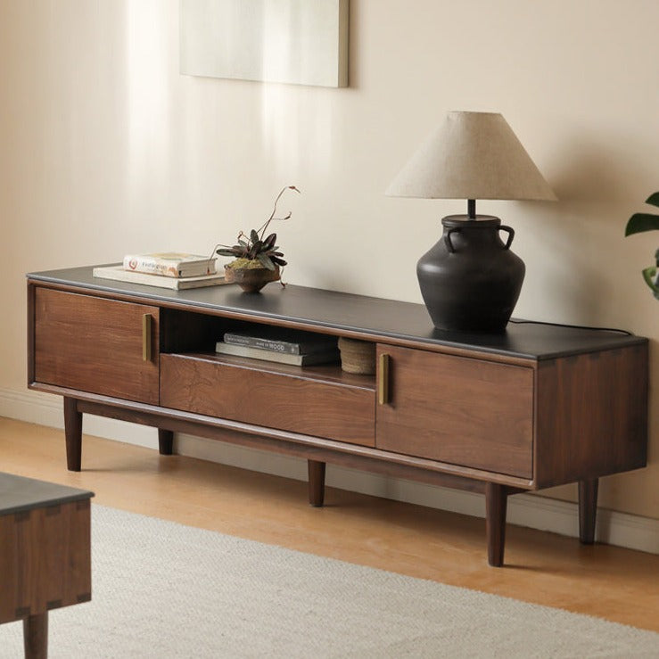 Premium Black Walnut Solid Wood TV Stand Cabinet with Storage - Modern Entertainment Center for Living Room, Home Theater & Media Organization