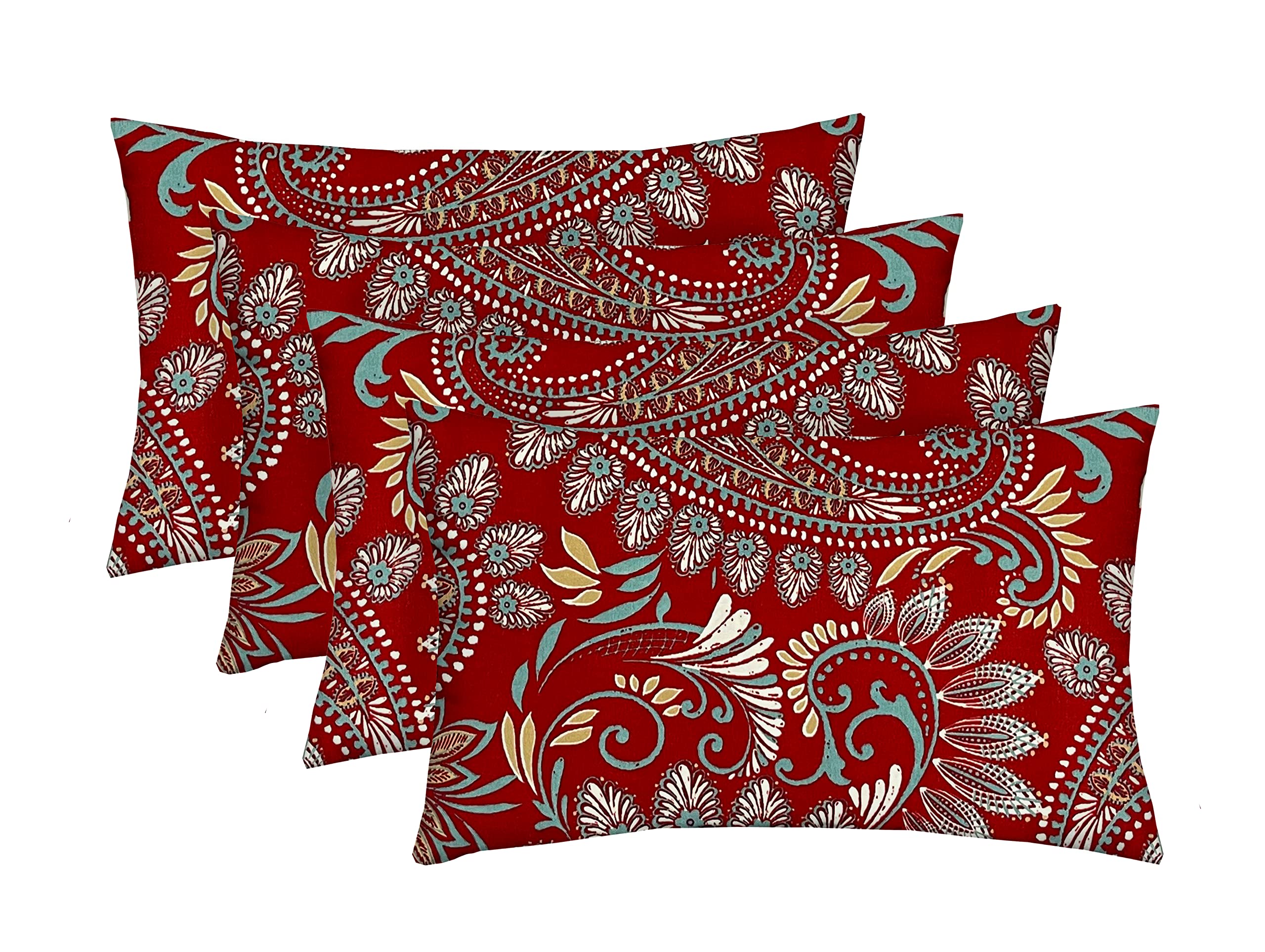 Lumbar Jumbo Throw Pillows Set of 4 - 26x16 Inch All-Weather Outdoor Cushions | Waterproof & Fade-Resistant Spun Fabric | Support Pillows for Patio Furniture, Sofa & Bed (Eastman Berry Red Paisley) | Perfect for Backyard, Poolside & Living Room Decor