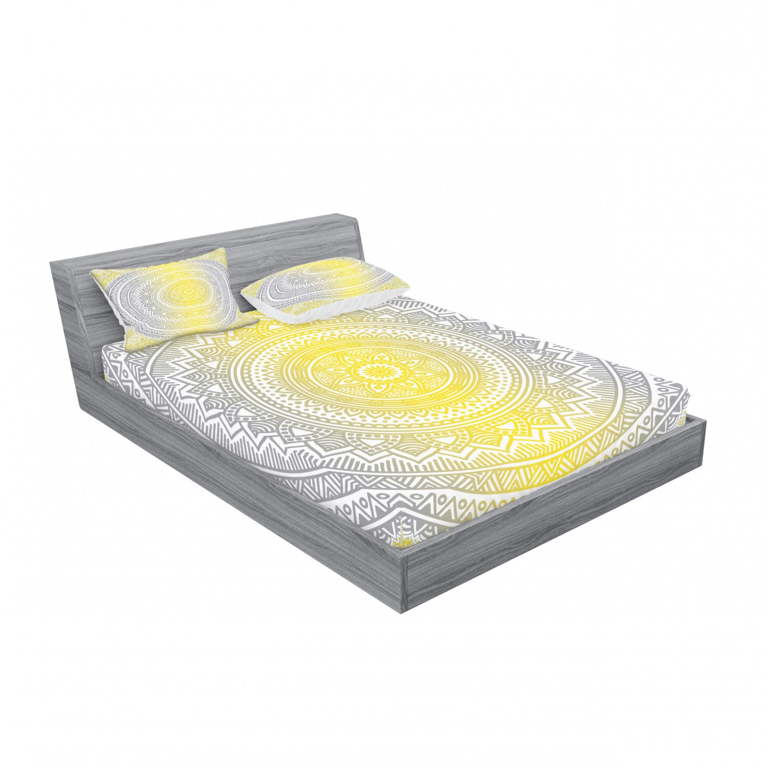 Ambesonne 2-Piece Queen Size Mandala Fitted Sheet Set with 4 Pillow Shams - Ombre Pale Grey & Yellow Boho Bedding for Master Bedroom, Guest Room & Dorm Decor