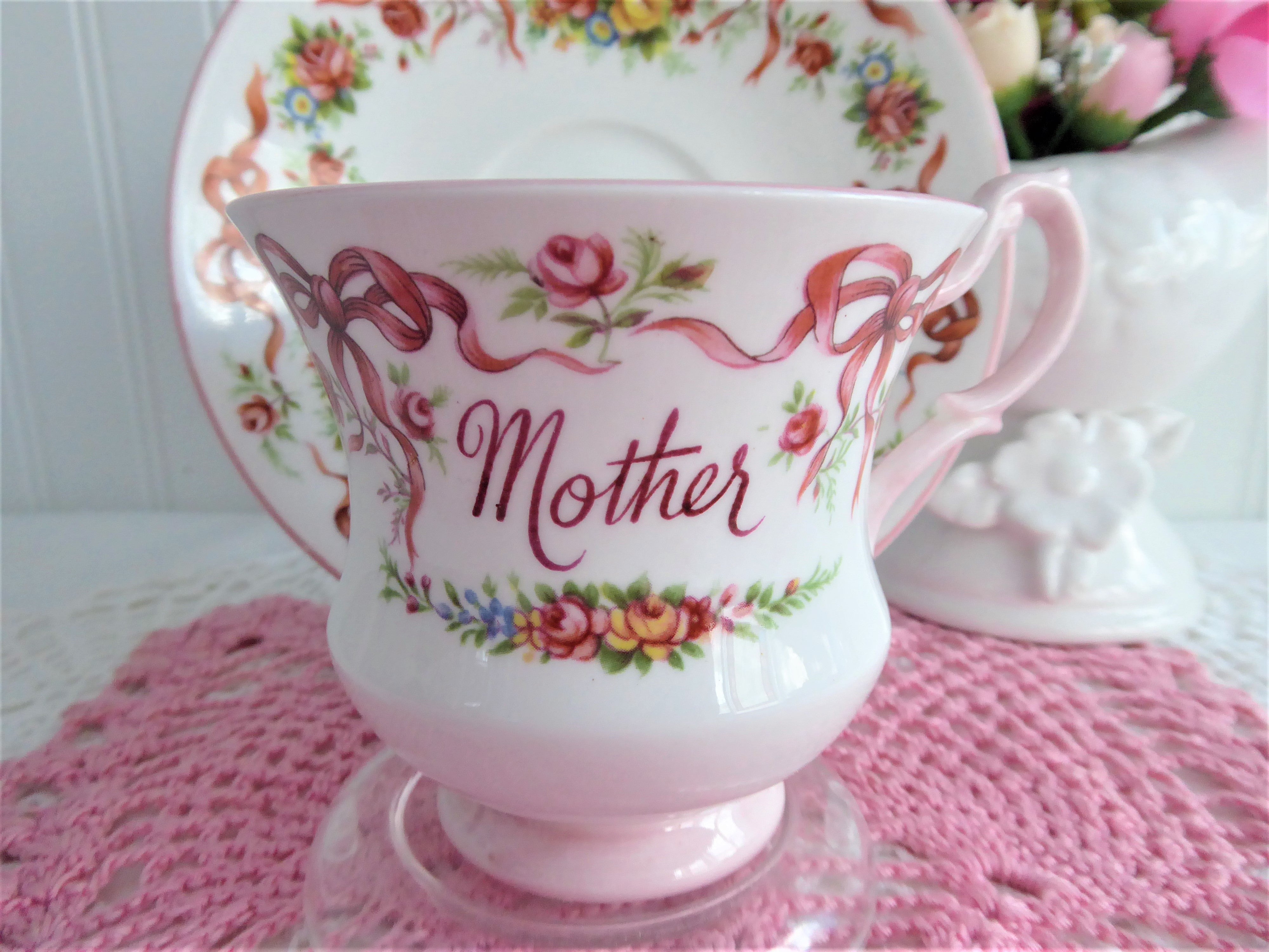 Vintage 1980s Queen's Bone China Cup and Saucer Set with Ribbon & Rose Design - Perfect for Mother's Day, Afternoon Tea, and Special Occasion Gifts